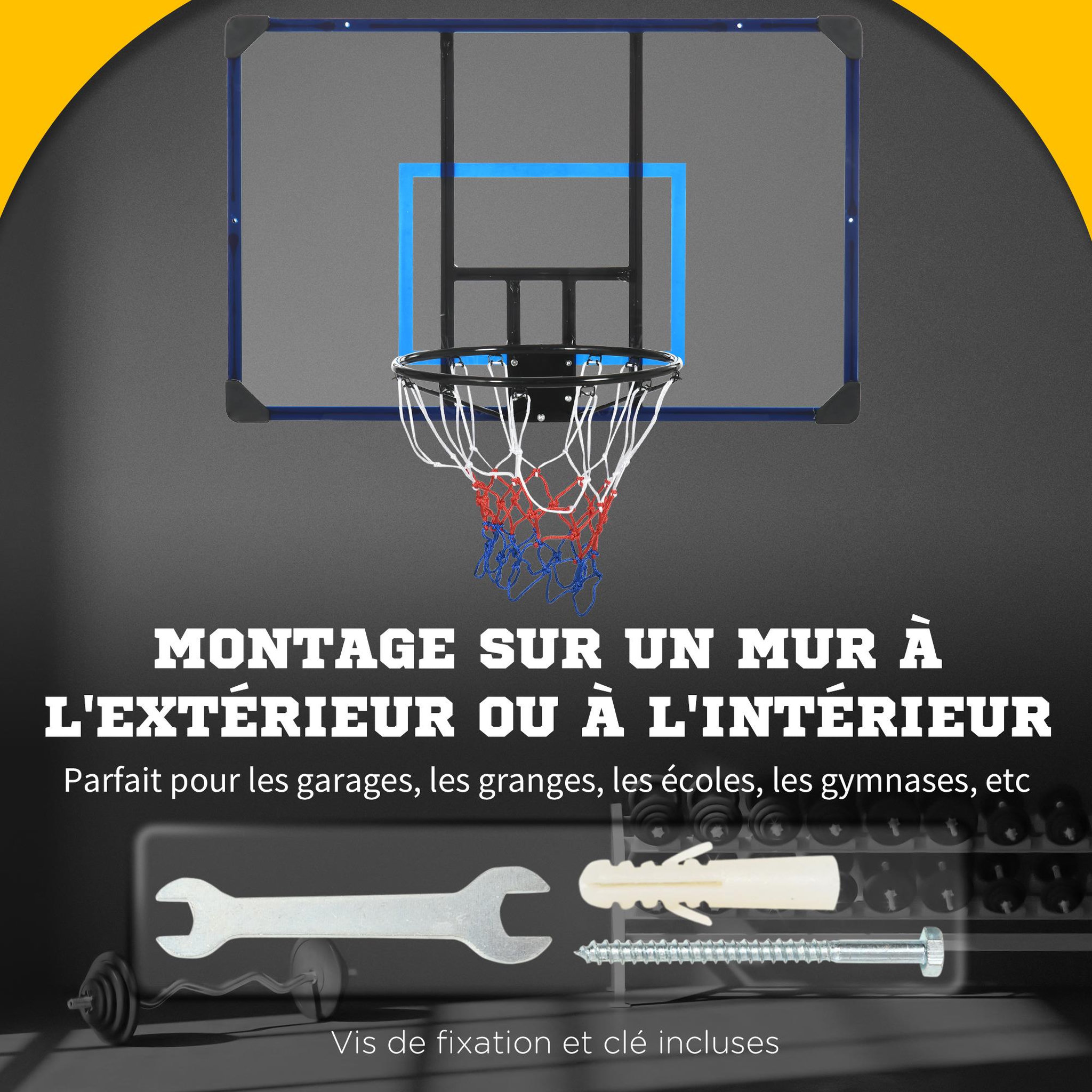 Voir la diapositive 4 : HOMCOM Panier de basket-ball mural - panneau de basket à accrocher - visserie incluse - acier pc bleu noir