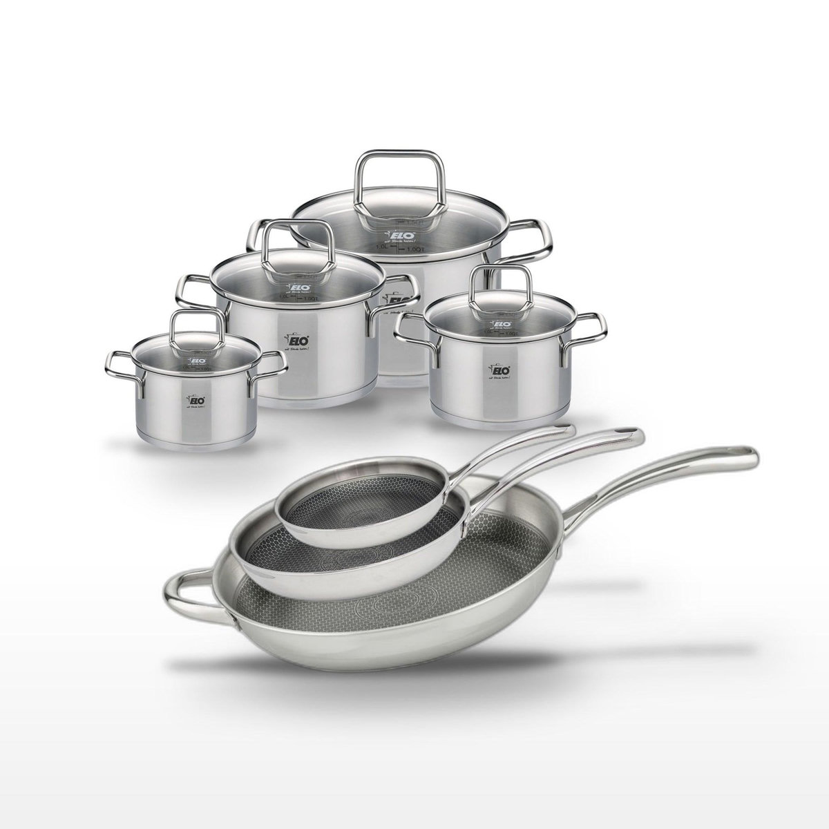 ELO Lot de 3 Poêles 24/28/32 cm et 4 Faitouts 12/14/16/20 cm Elo Relief Evolution