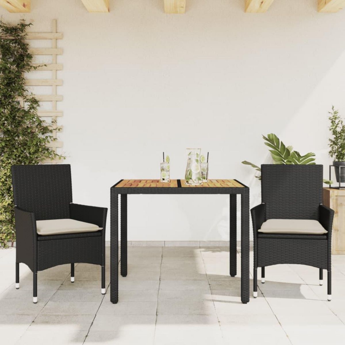 VIDAXL Ensemble a manger de jardin et coussins 3 pcs noir rotin acacia