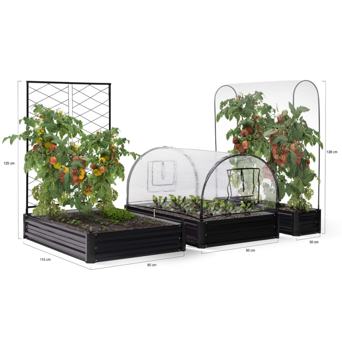ID MARKET Kit complet 3 bacs métal modulables carrés potager et serre à tomates + treillis + housse