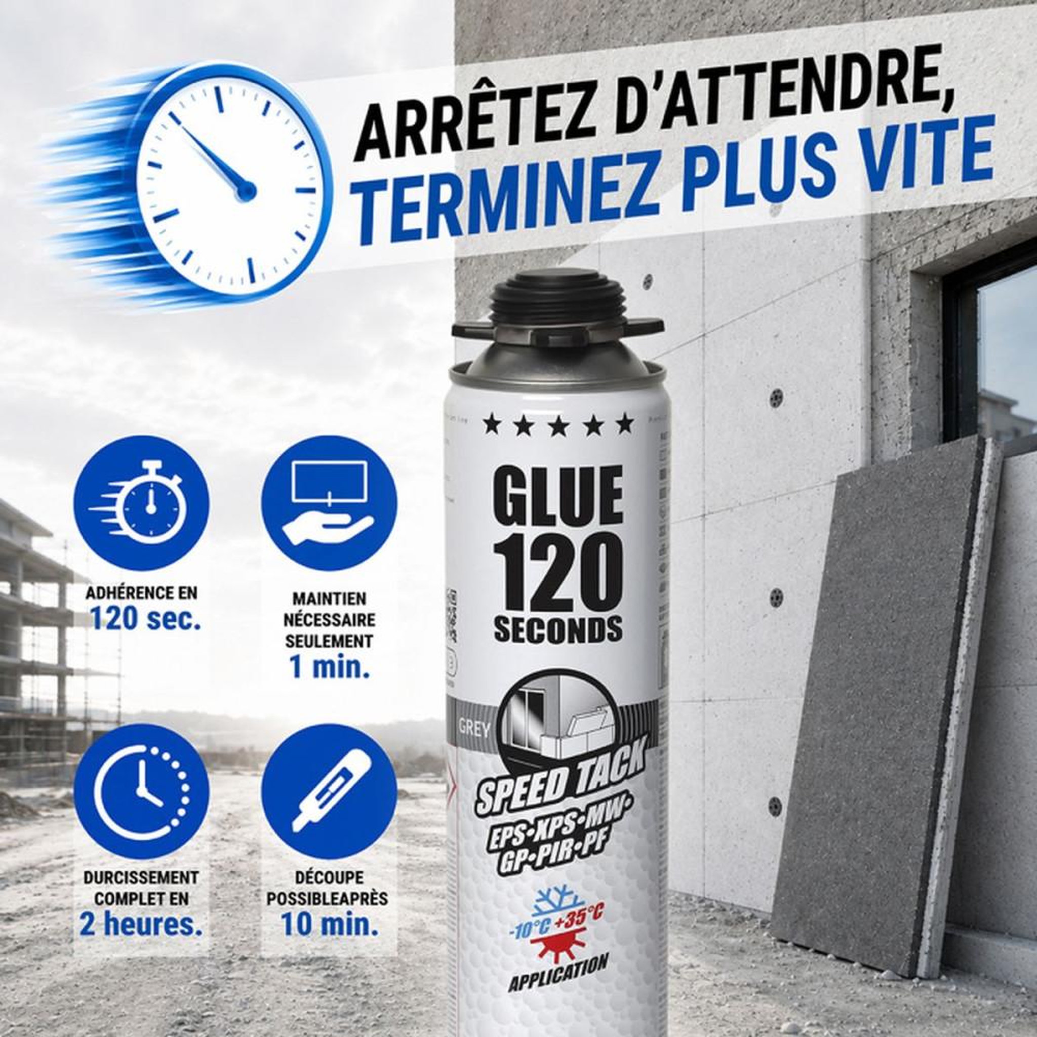 Voir la diapositive 2 : Mousse colle polyuréthane sans expansion FOME FLEX 120 Sec Speed Tack grise 750 ml
