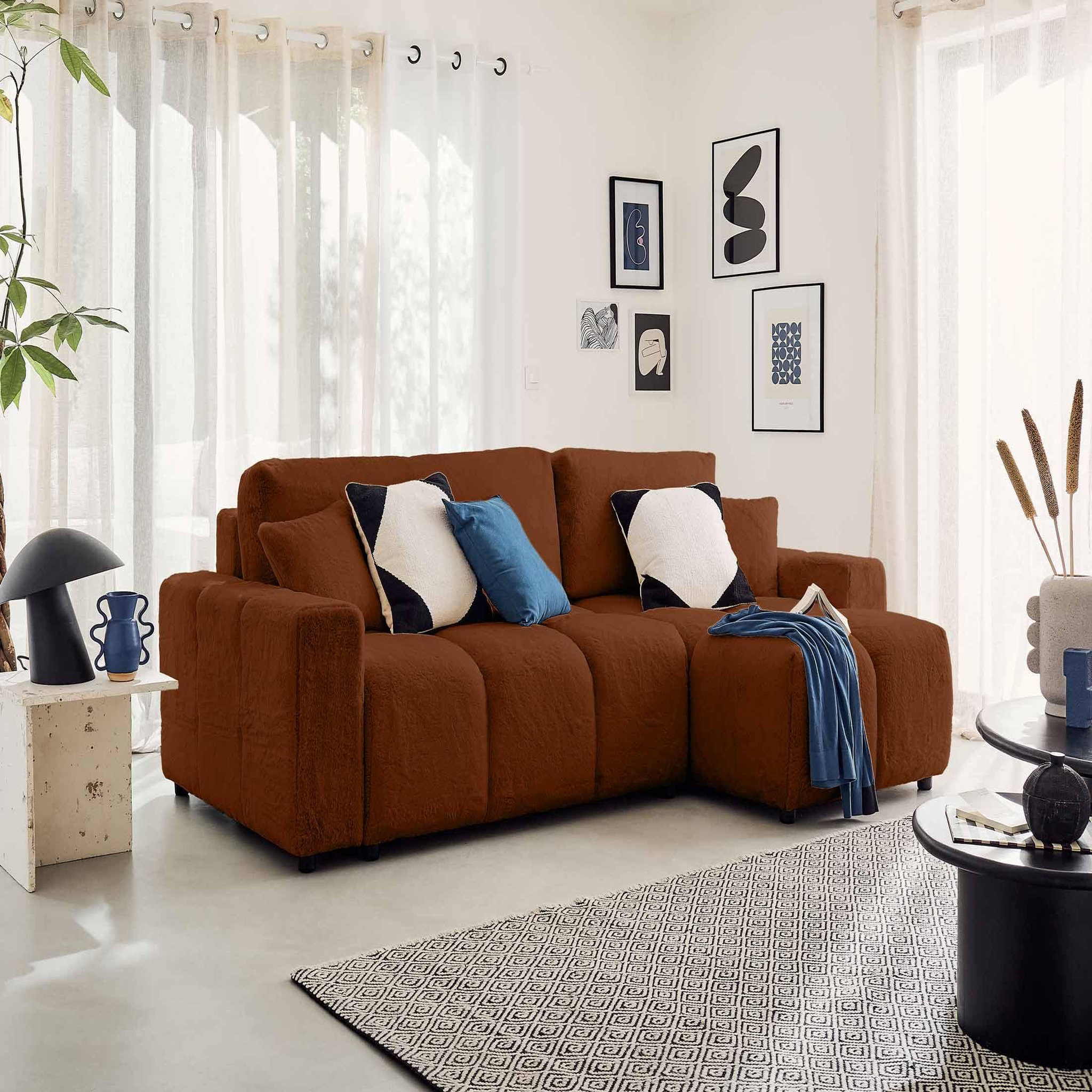 Voir la diapositive 5 : BEST MOBILIER Crocus - canapé d'angle réversible - 4 places - convertible avec coffre - en fausse fourrure