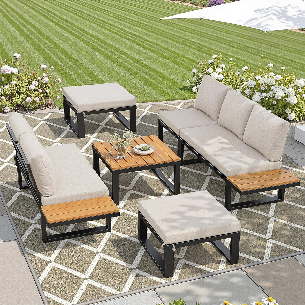 MERAX Salon de jardin 7 places avec, canapé angle, dossier réglable, poufs et table