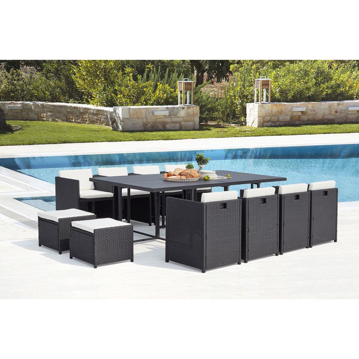 CONCEPT USINE Table et chaise 12 places encastrables alu résine noir-blanc SUNSET