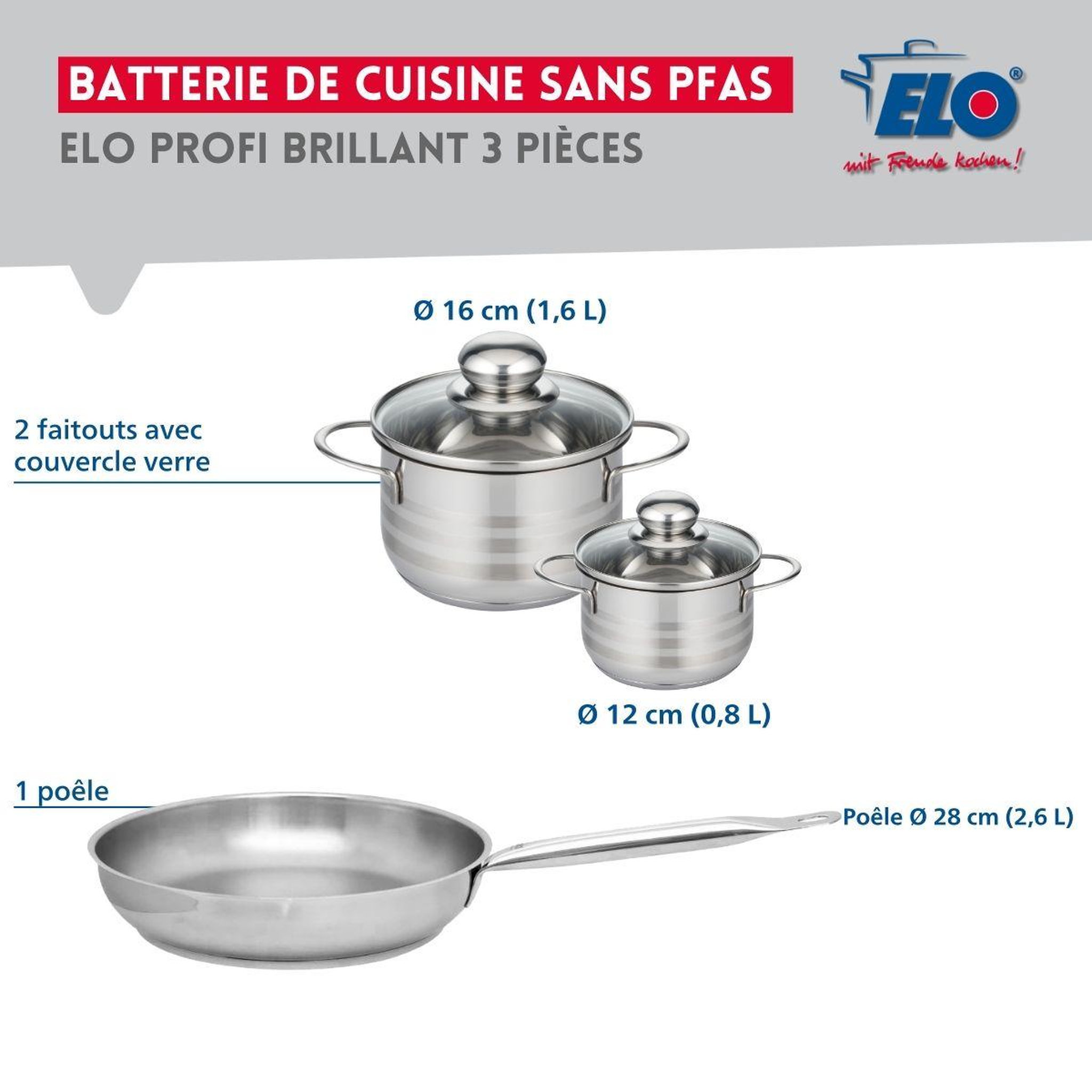 Voir la diapositive 2 : ELO Ensemble de 1 poêle de cuisson 28 cm et 2 faitouts 12 et 16 cm elo profi brillant