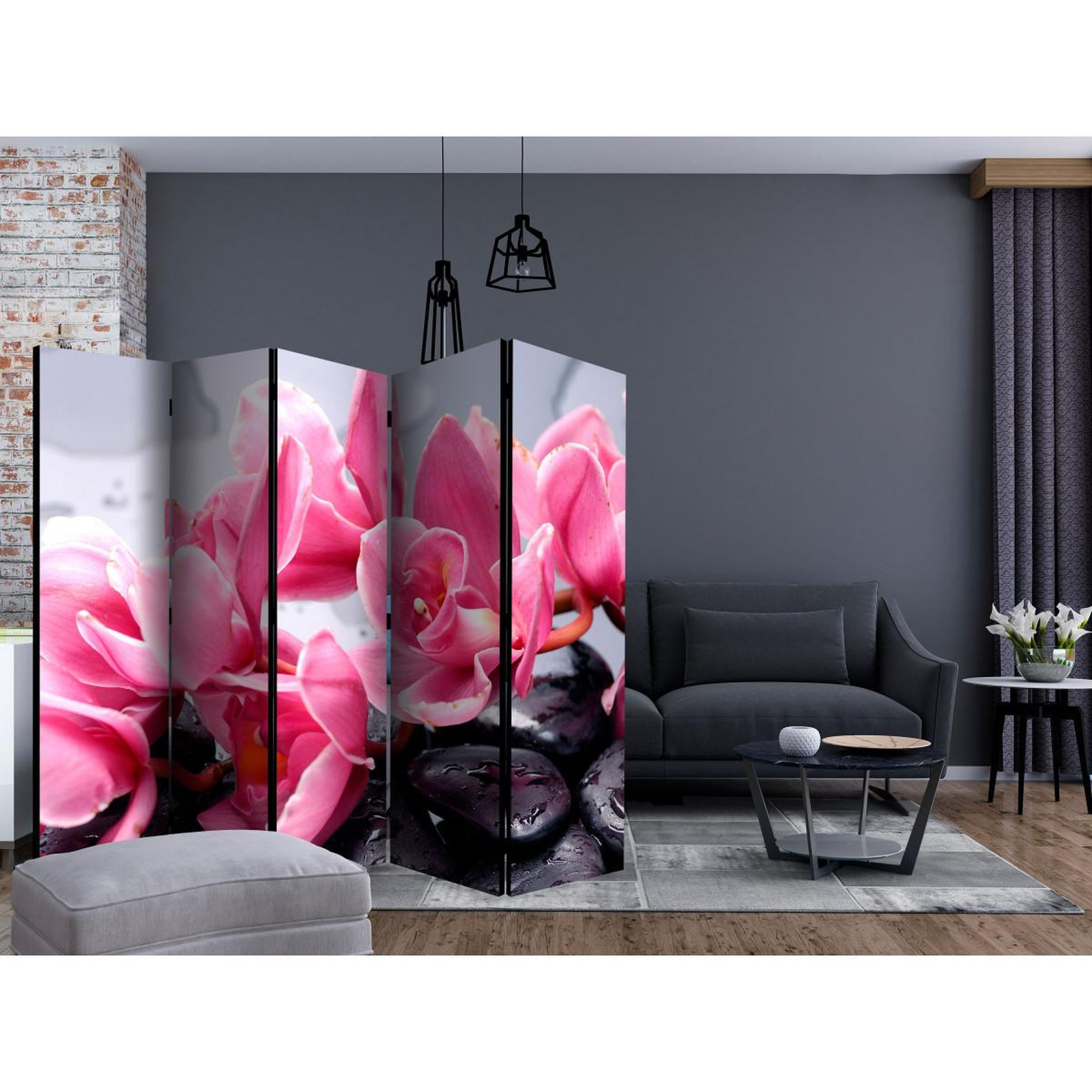 Voir la diapositive 2 : Paris Prix Paravent 5 volets  orchid flowers with zen stones  172x225cm