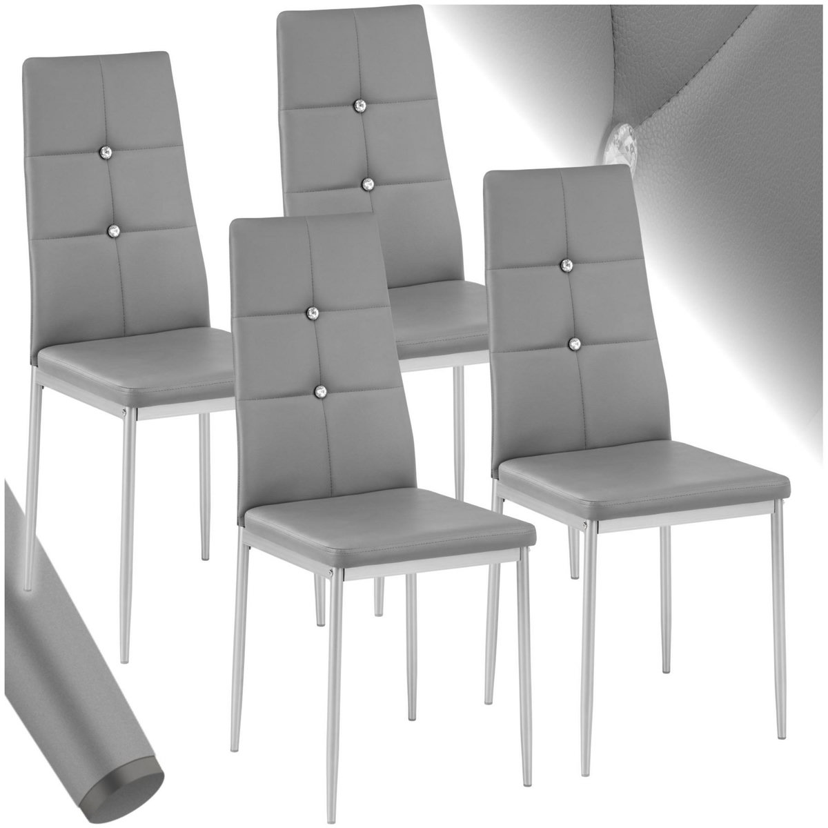 tectake Ensemble de chaises de salle à manger rembourré avec revêtement aspect cuir gris Lot de 4