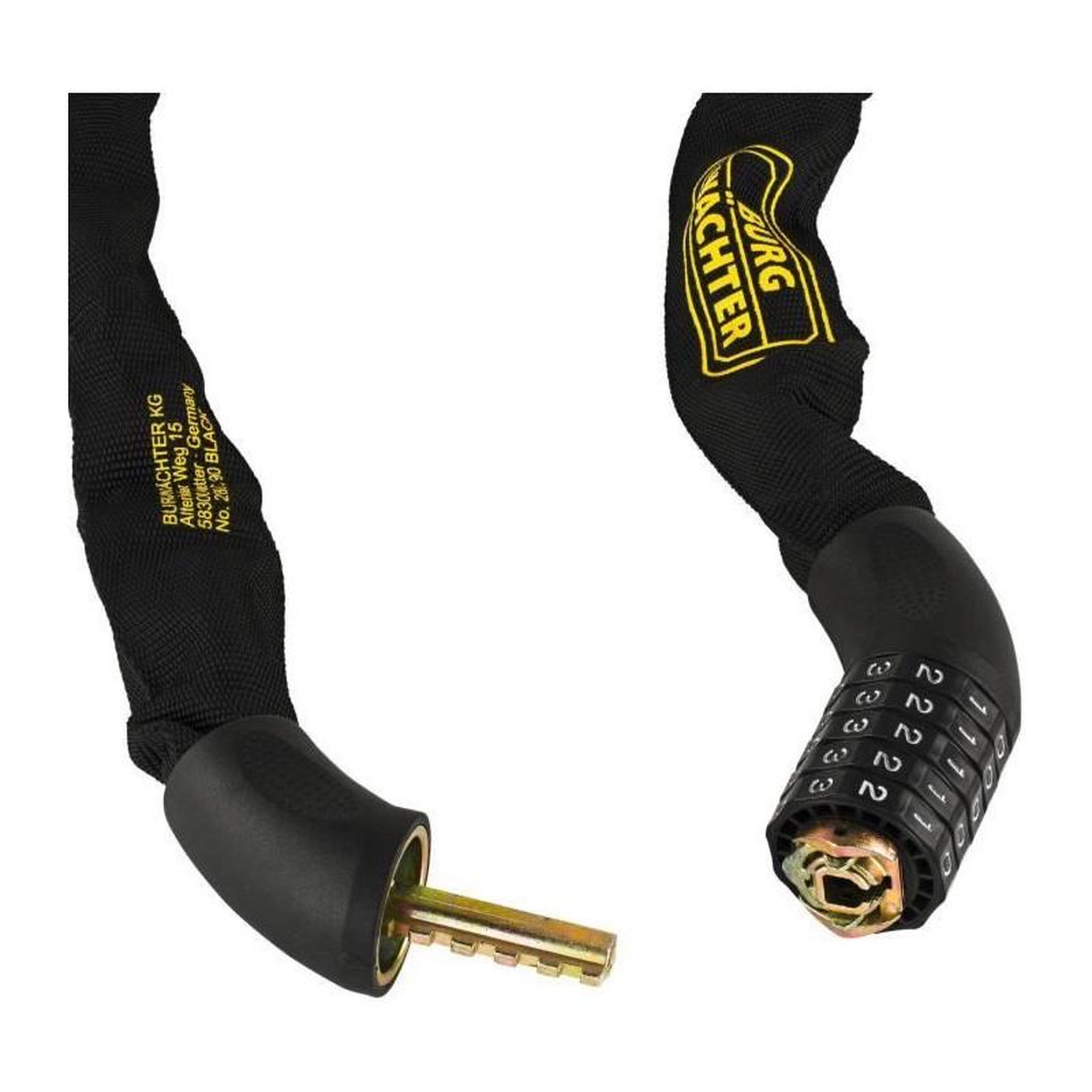 Voir la diapositive 4 : BURG WACHTER Antivol vélo chaîne - BURG WACHTER - 280 C 90 BLACK - Acier 6 mm, gainé, code
