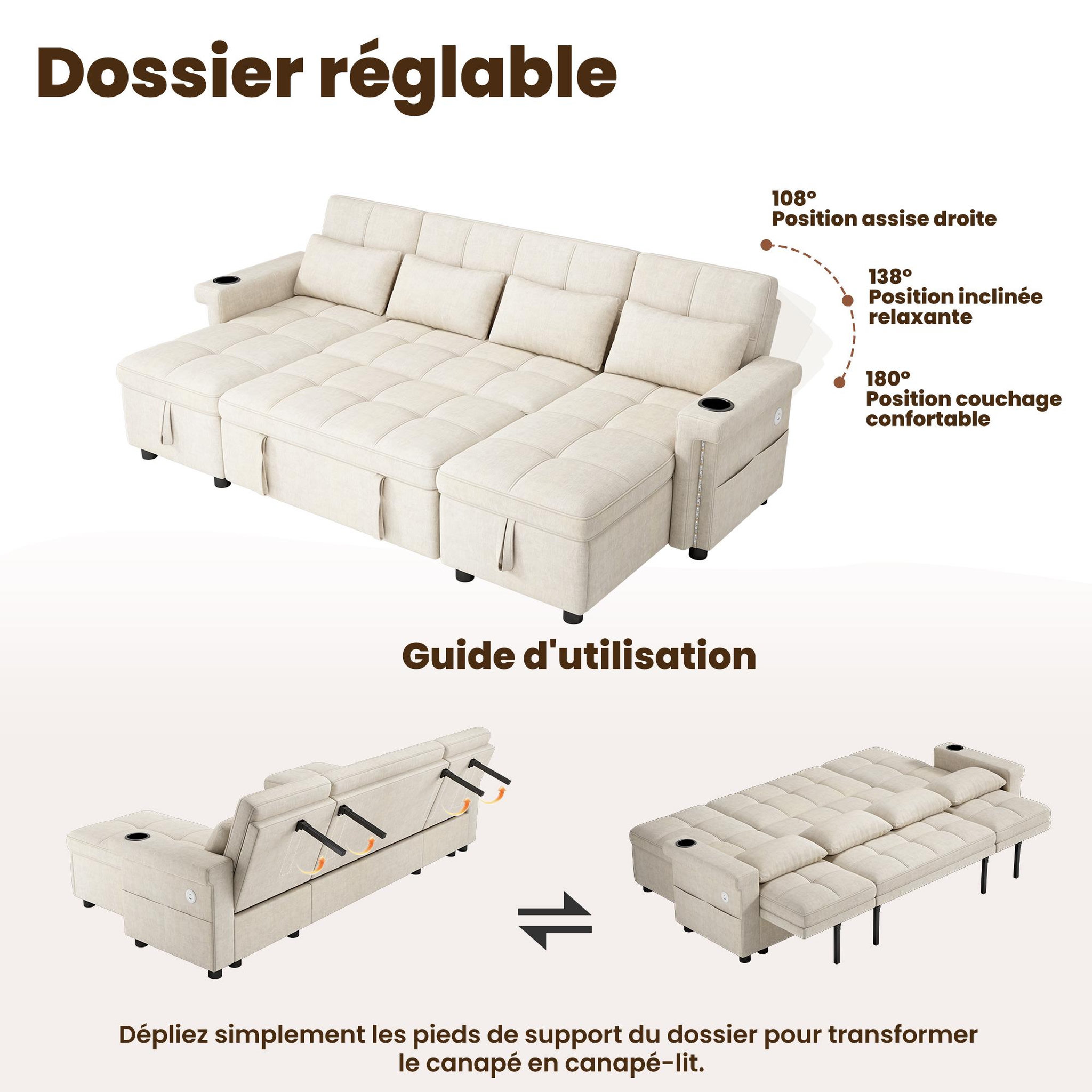Voir la diapositive 5 : MERAX Canapé d'angle u convertible 4 places avec dossier réglable led usb type-c tissu chenille