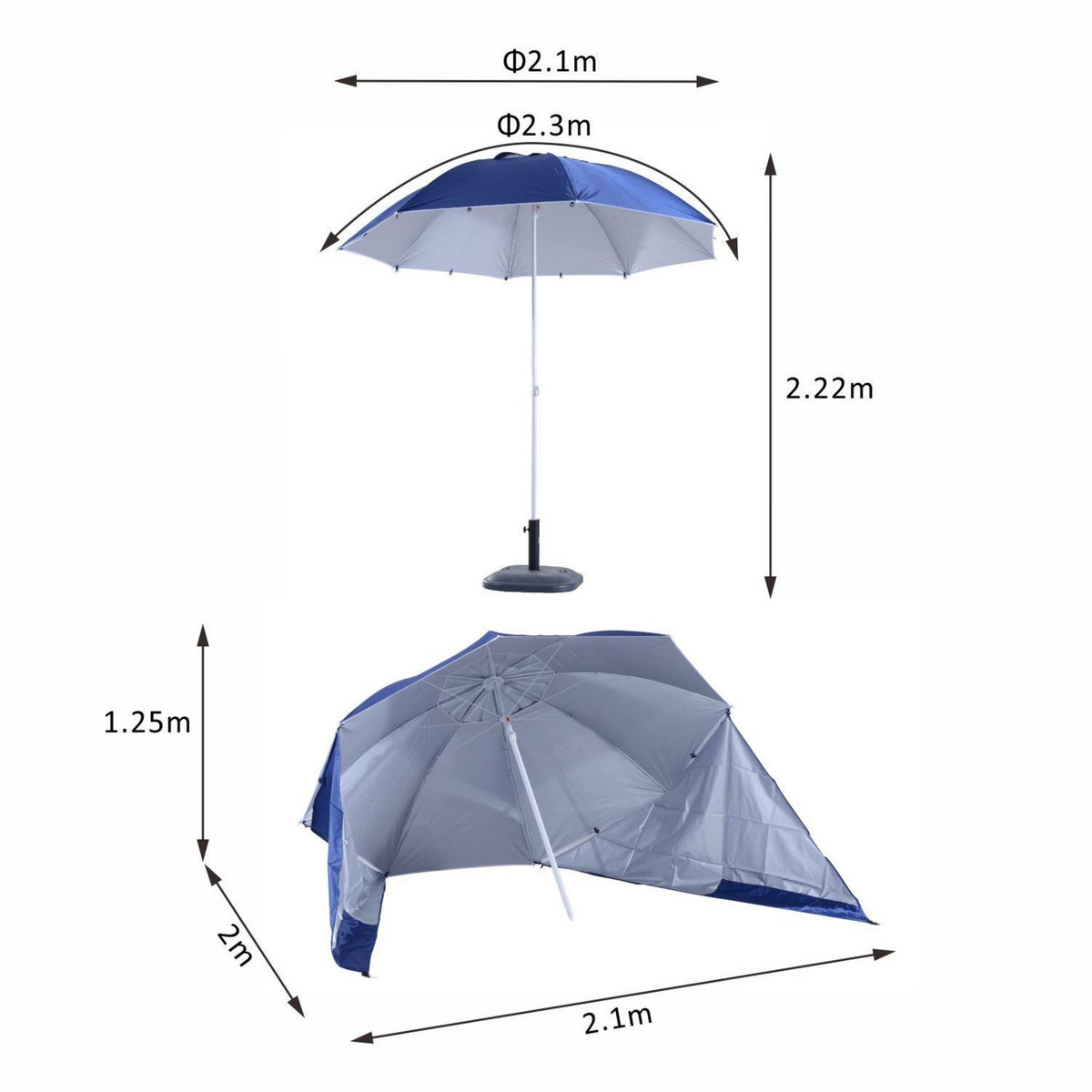 OUTSUNNY Parasol abri solaire contemporain protection UPF 50+ sac transport fourni bleu marine