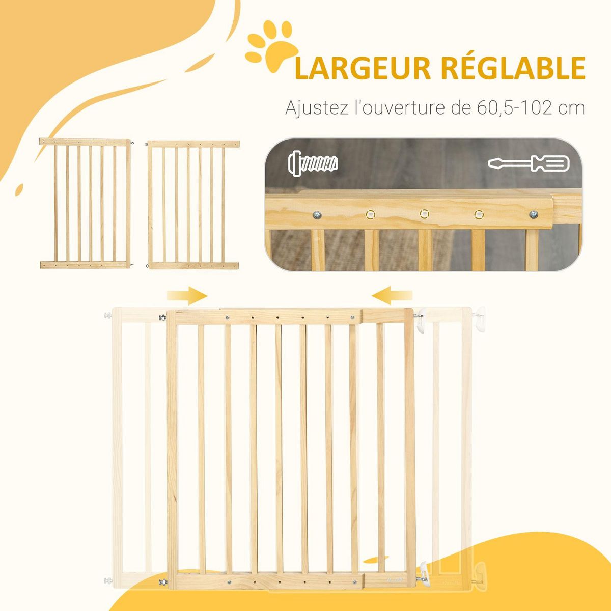 PAWHUT Barrière de sécurité animaux - longueur réglable dim. 60,5-102 cm - porte verrouillable, ouverture double sens - bois de pin