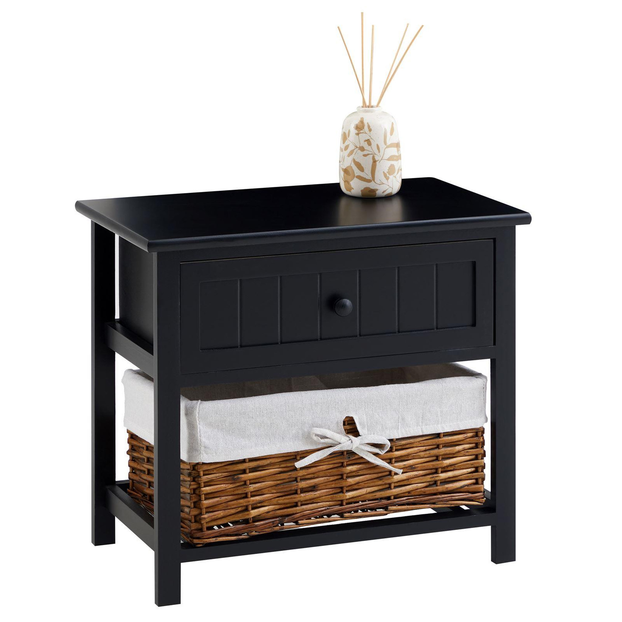 Voir la diapositive 1 : IDIMEX Table de chevet AKURE avec 1 tiroir et 1 panier en bois