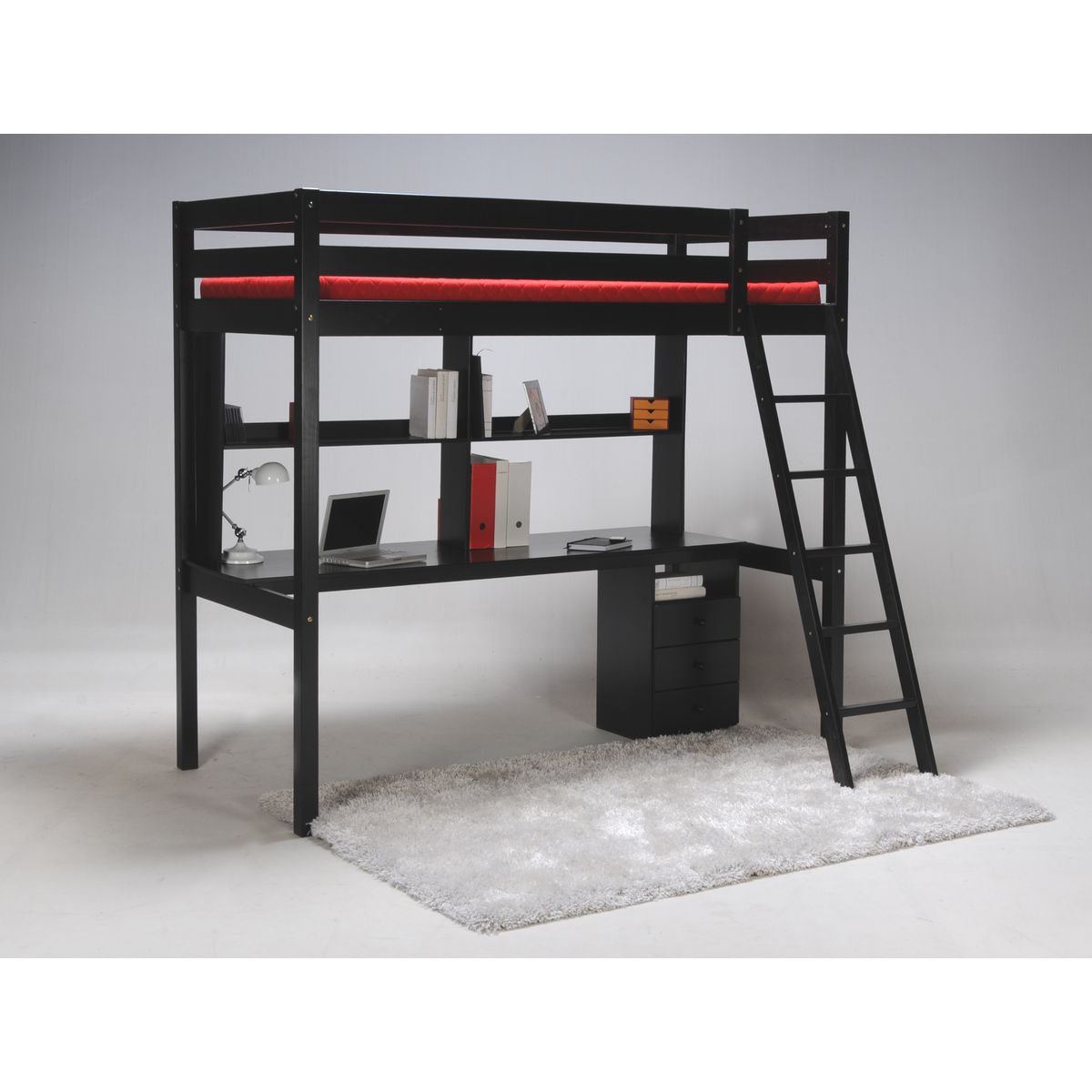 Lit Mezzanine 90x190cm en bois massif avec sommier bureau et caisson CITY