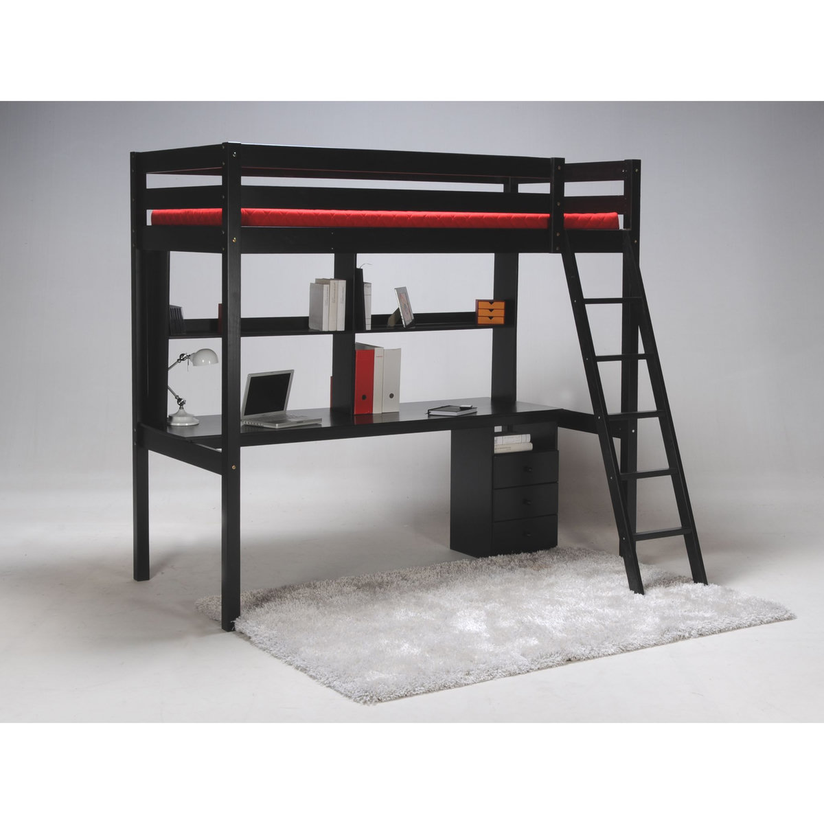 Lit Mezzanine 90x190cm en bois massif avec sommier bureau et caisson CITY