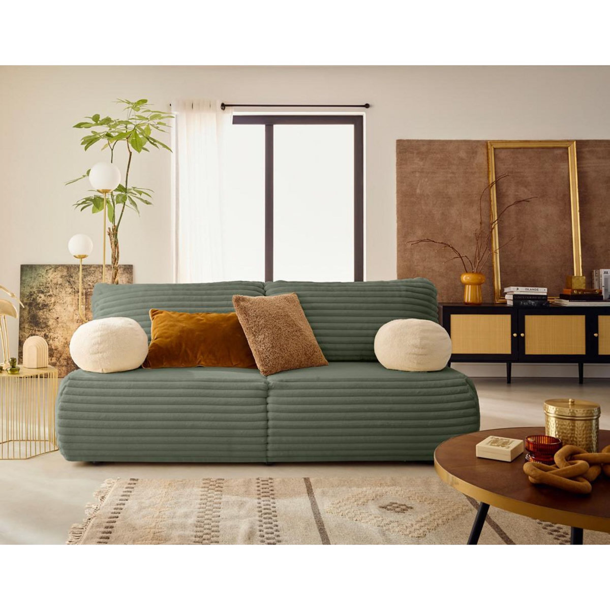 BEST MOBILIER Marvin - canapé 3 places convertible et coffre en fausse fourrure côtelée avec 2 coussins boule inclus