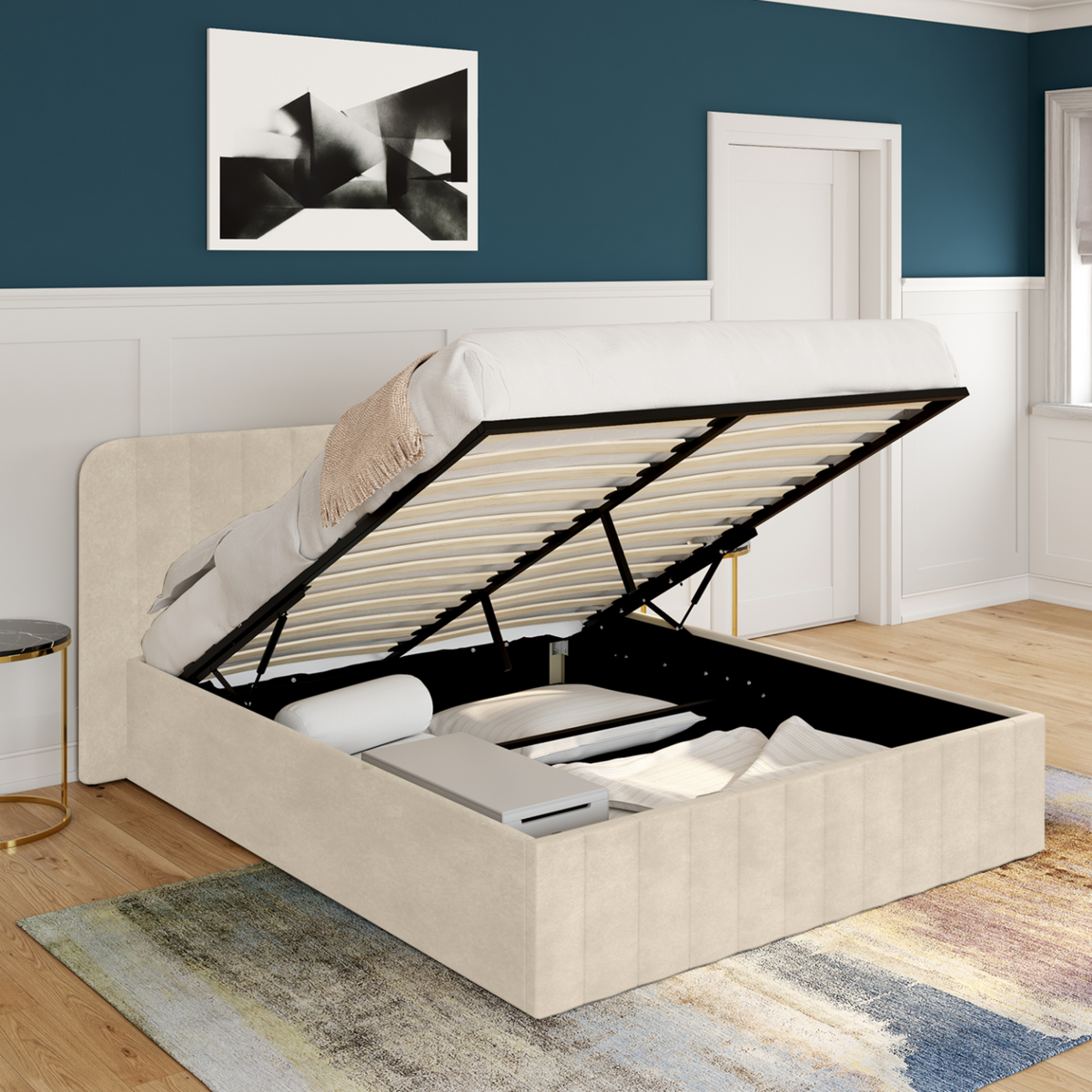 ID MARKET Lit coffre double ALBA avec tête de lit et sommier 140 x 190 cm velours beige