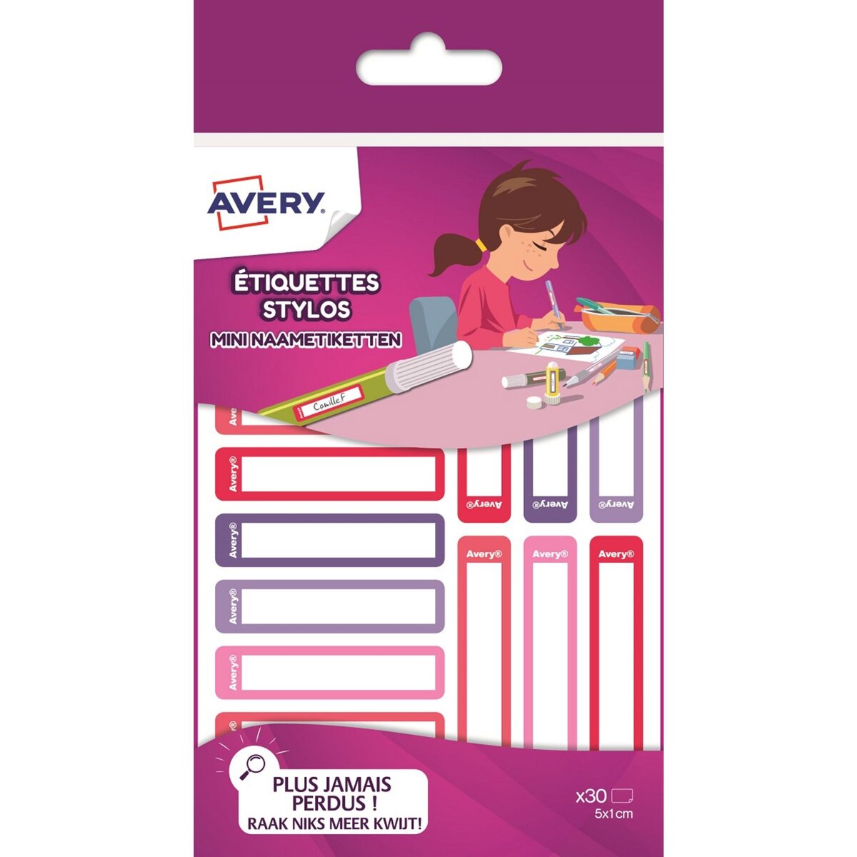 Avery France Lot de 30 étiquettes stylos Fille 50x10mm Rose/Rouge