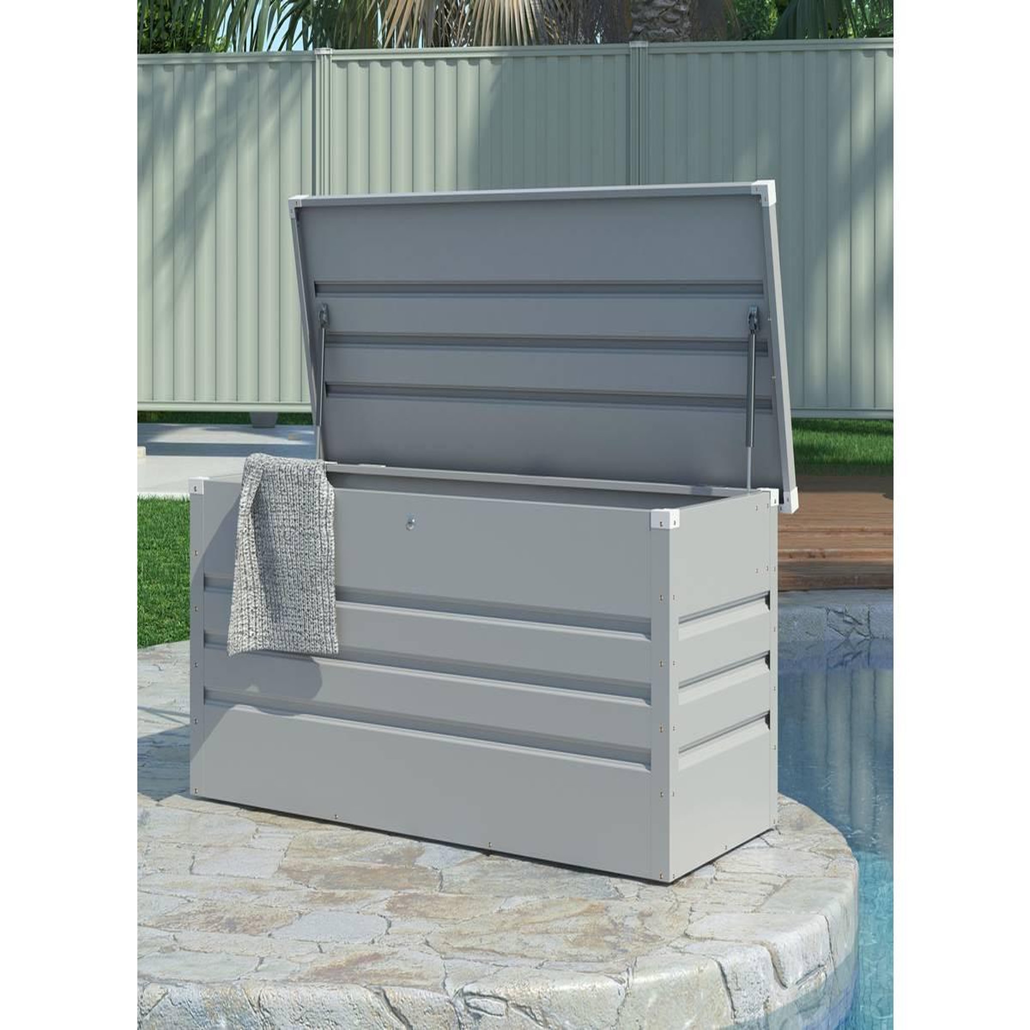 Voir la diapositive 2 : Habitat et Jardin Coffre de jardin métal  store  680l - argent