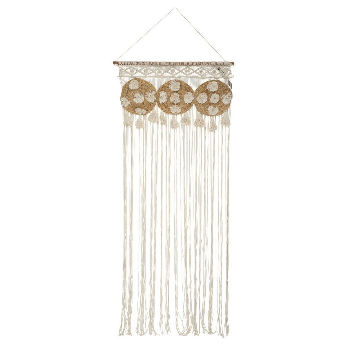 TOILINUX Lot de 2 Rideaux de fils détails macramé et pompons - 90 x 200 cm - Beige