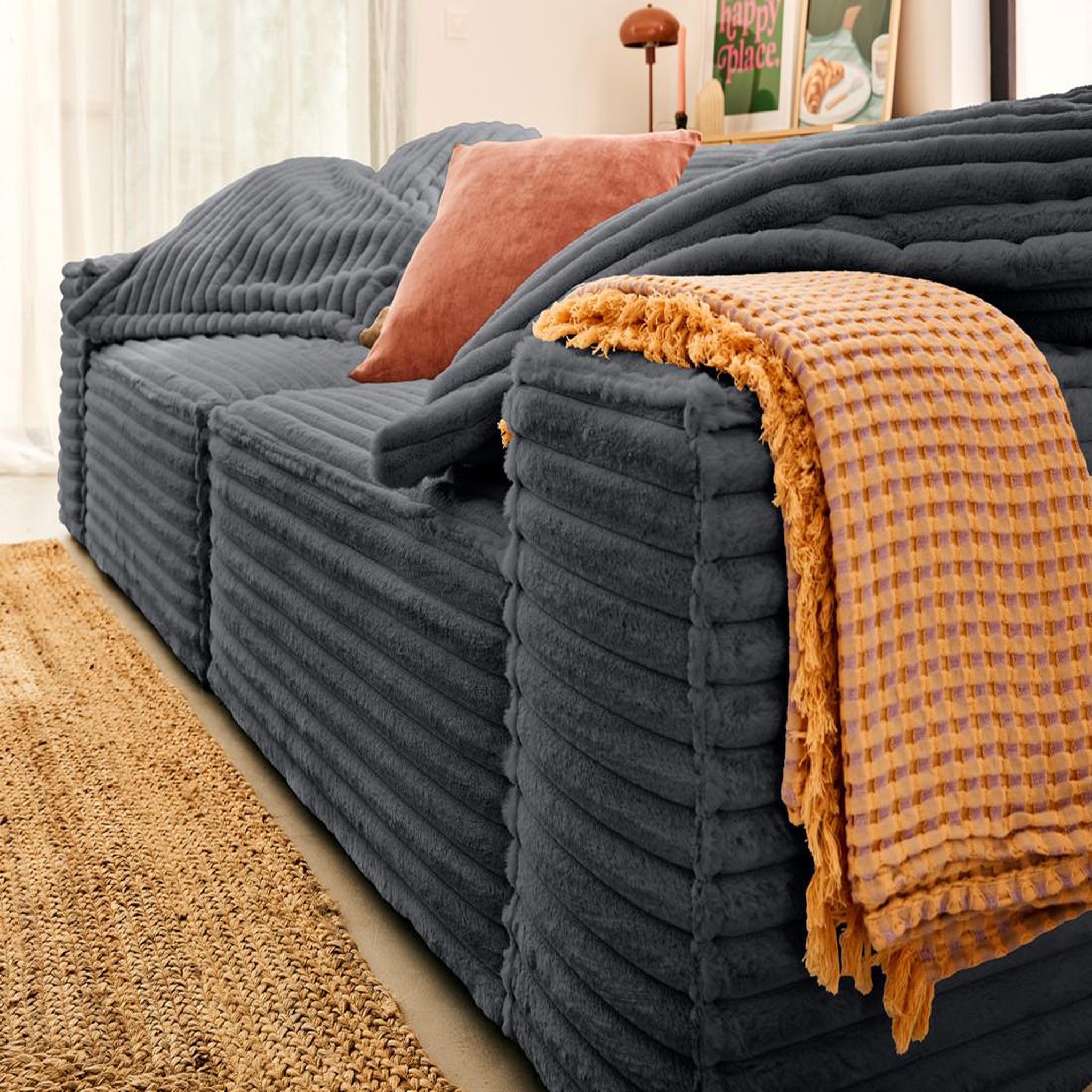 Voir la diapositive 3 : LISA DESIGN Richie - canapé droit 3 places avec double méridienne - assise profonde - en fausse fourrure côtelée