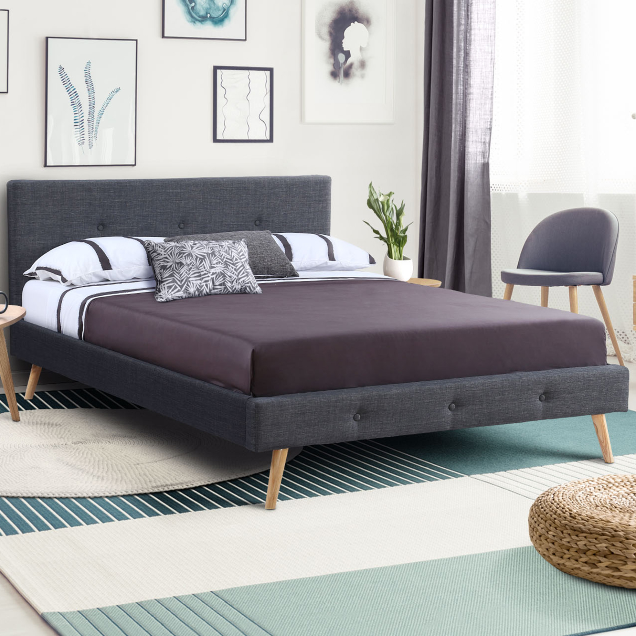 Voir la diapositive 2 : ID MARKET Lit double scandinave oslo avec tête de lit et sommier 160 x 200 cm tissu gris anthracite