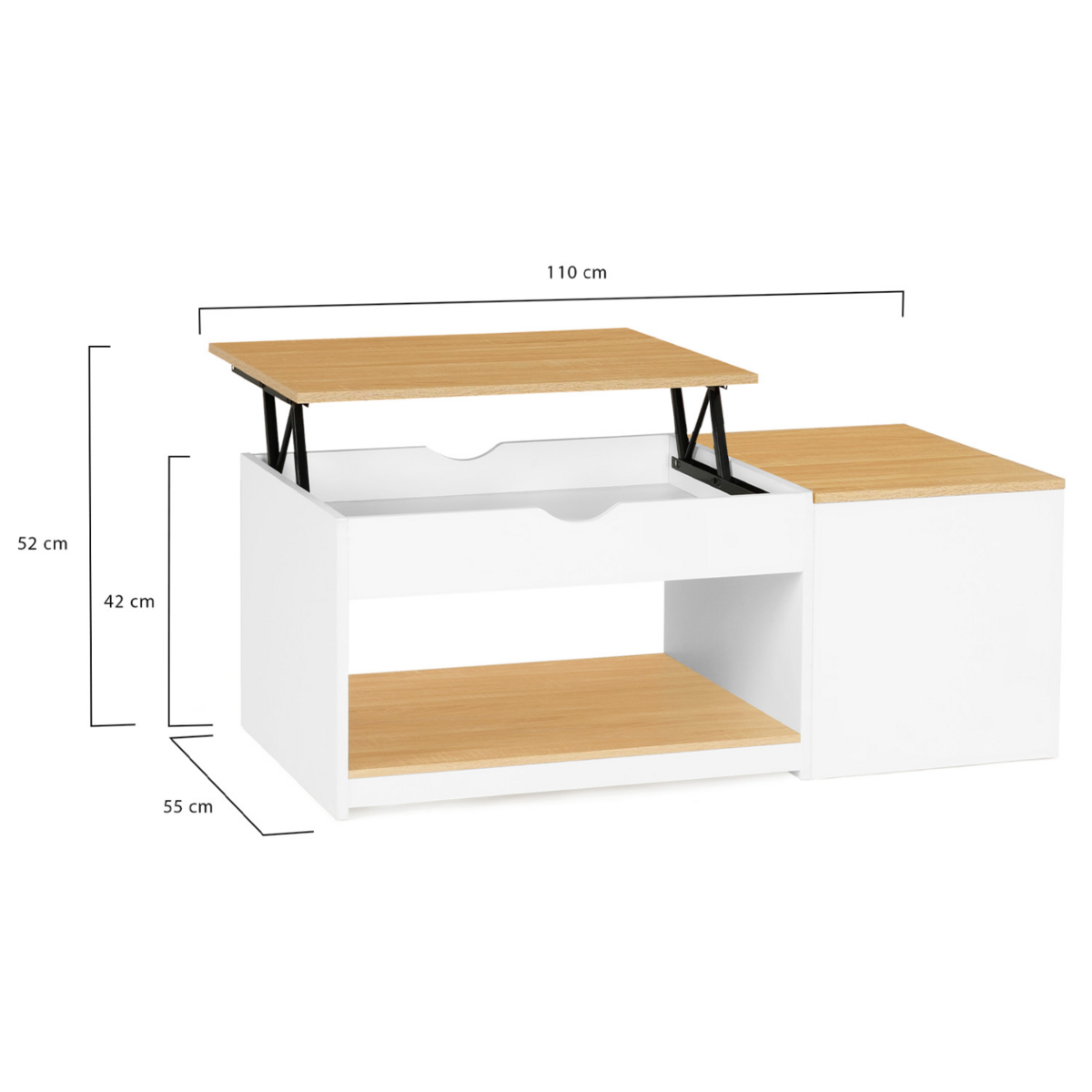 ID MARKET Table basse 2 plateaux relevables EYLA avec coffre bois blanc et façon hêtre