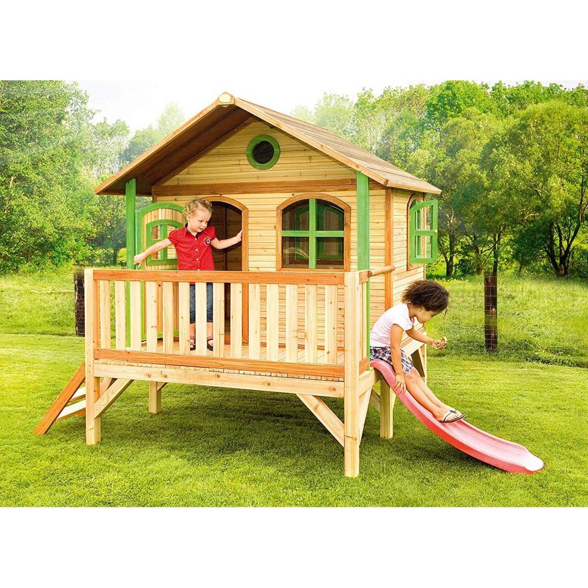 Voir la diapositive 2 : Axi House AXI Cabane enfant Brun vert avec toboggan Rouge