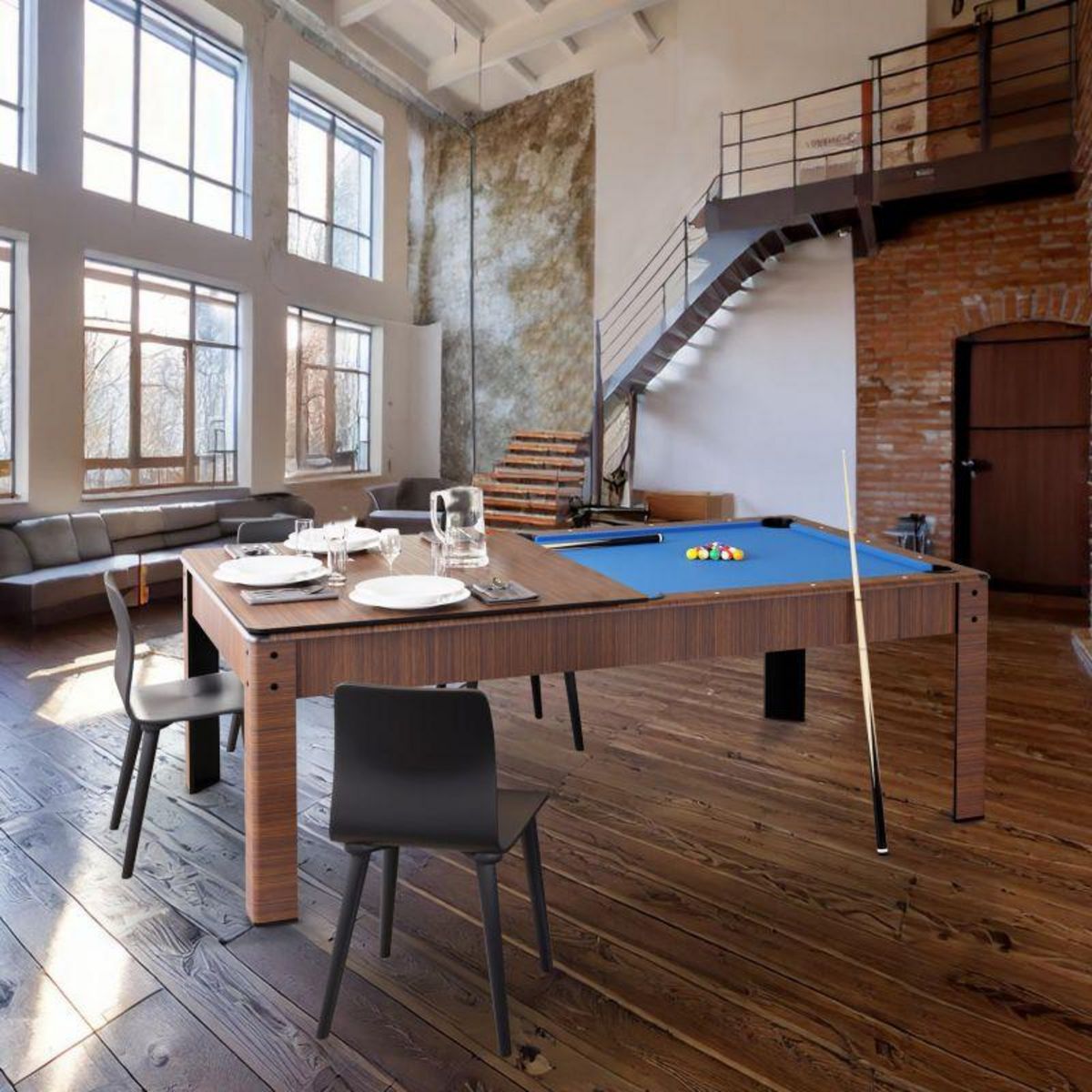 SOKKER Billard Américain convertible table 6 places KITBILL 6Ft -206,5 x 116,5 x 80cm Plateau dînatoire et accessoires inclus - Marron