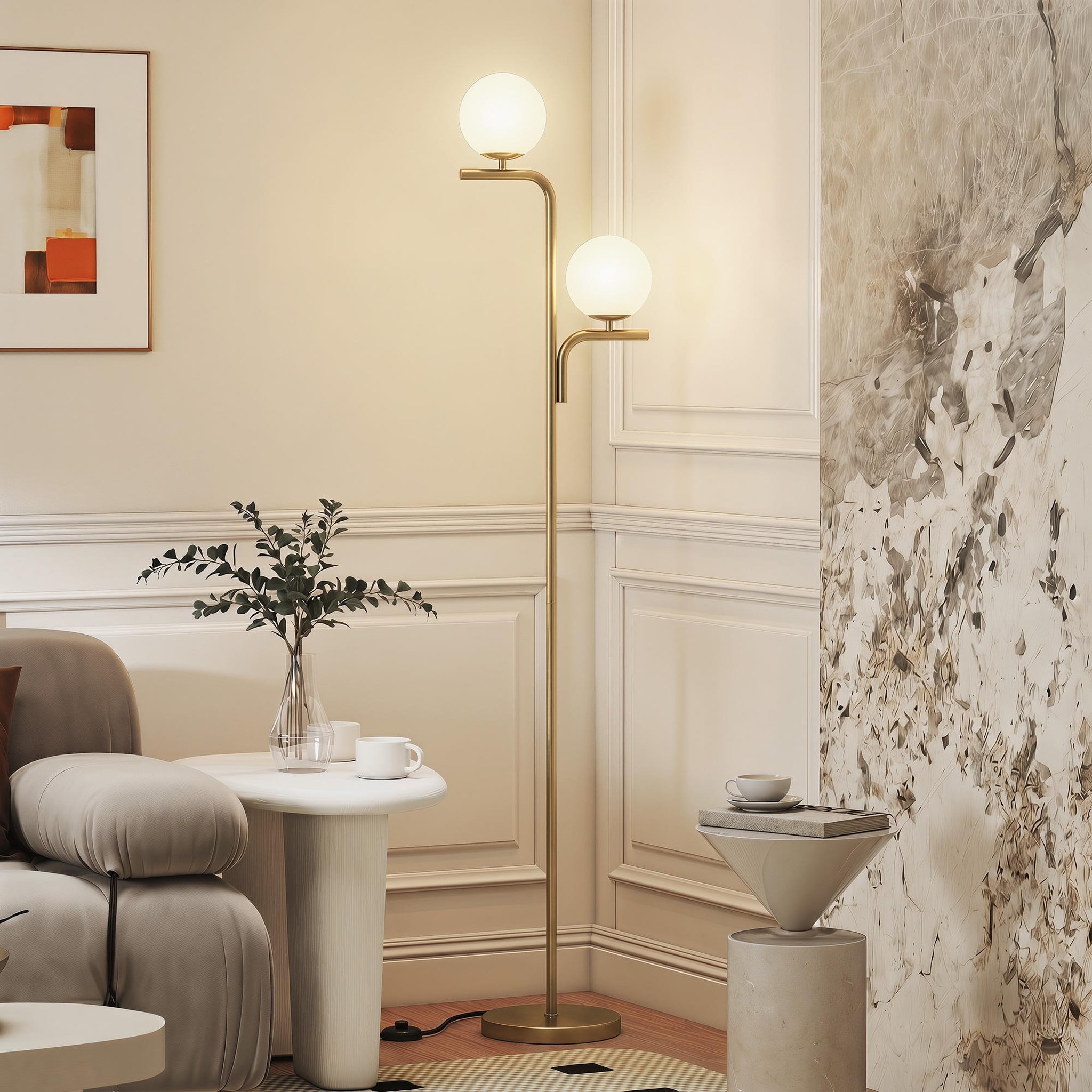 Voir la diapositive 2 : HOMCOM Lampadaire globe design néo-rétro 2 ampoules max. 40 W 170H cm métal doré
