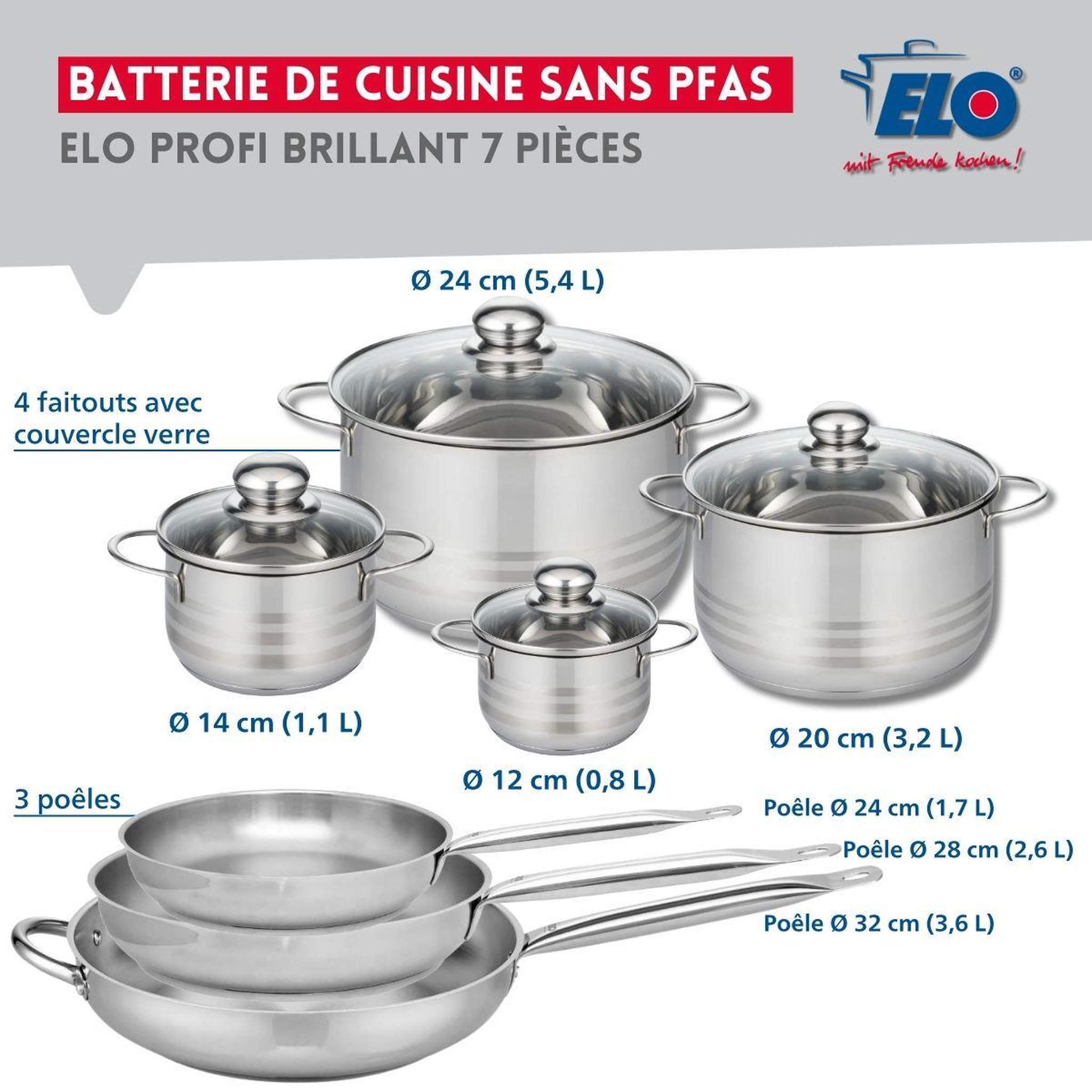 Voir la diapositive 2 : ELO Ensemble de 3 Poêles de cuisson 24, 28 et 32 cm et 4 faitouts 12, 14, 20 et 24 cm Elo Profi Brillant