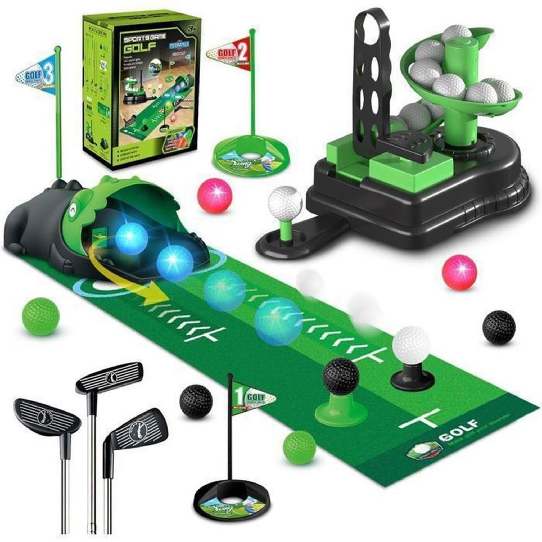 Mini golf enfant 3 en 1 LED avec retourneur automatique dinosaure, clubs réglables et tapis de putting