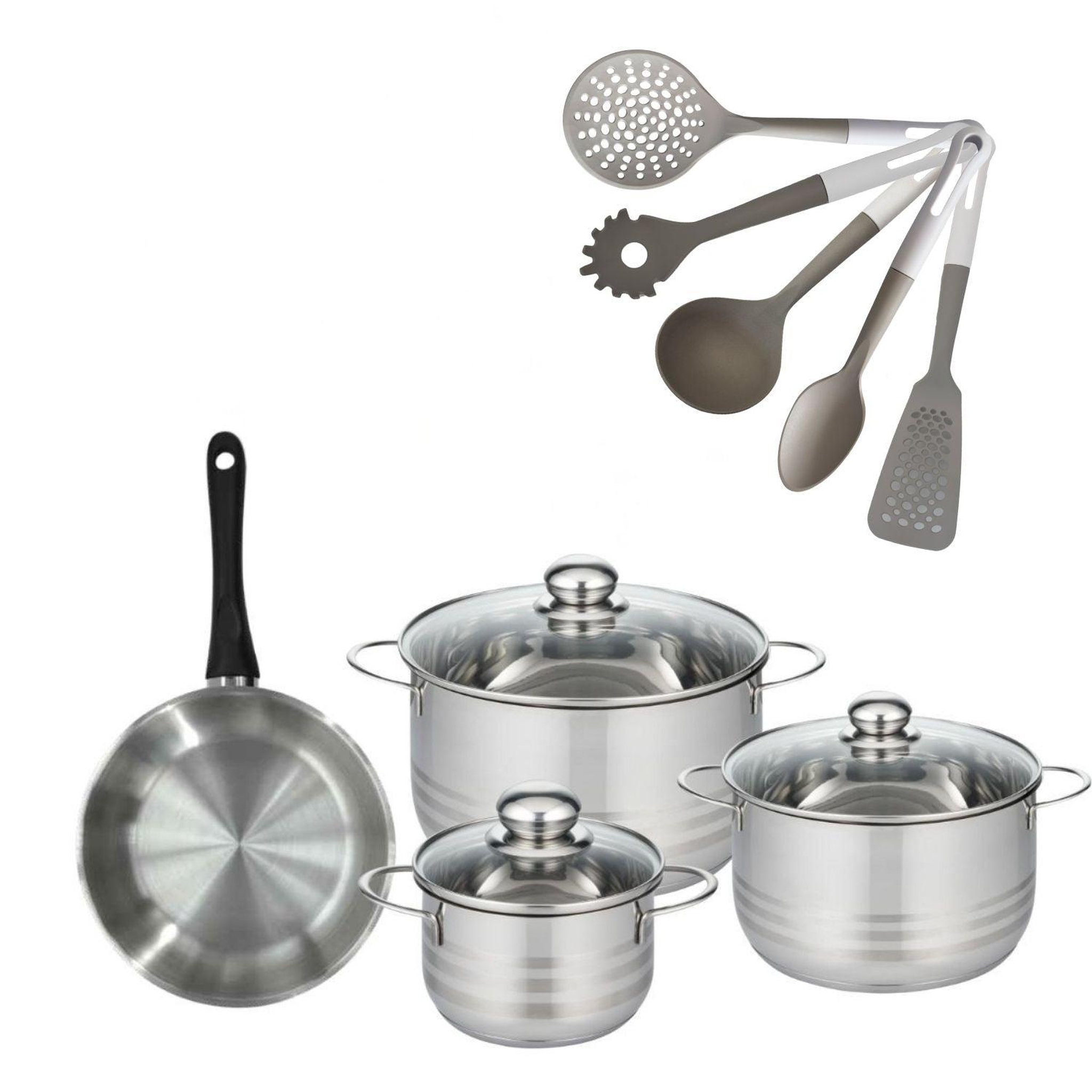 Fackelmann Batterie de cuisine avec 3 faitouts 16/20/24 cm et 1 poêle 20 cm sans pfas et 5 ustensiles de cuisine fackelmann généva brillant vario
