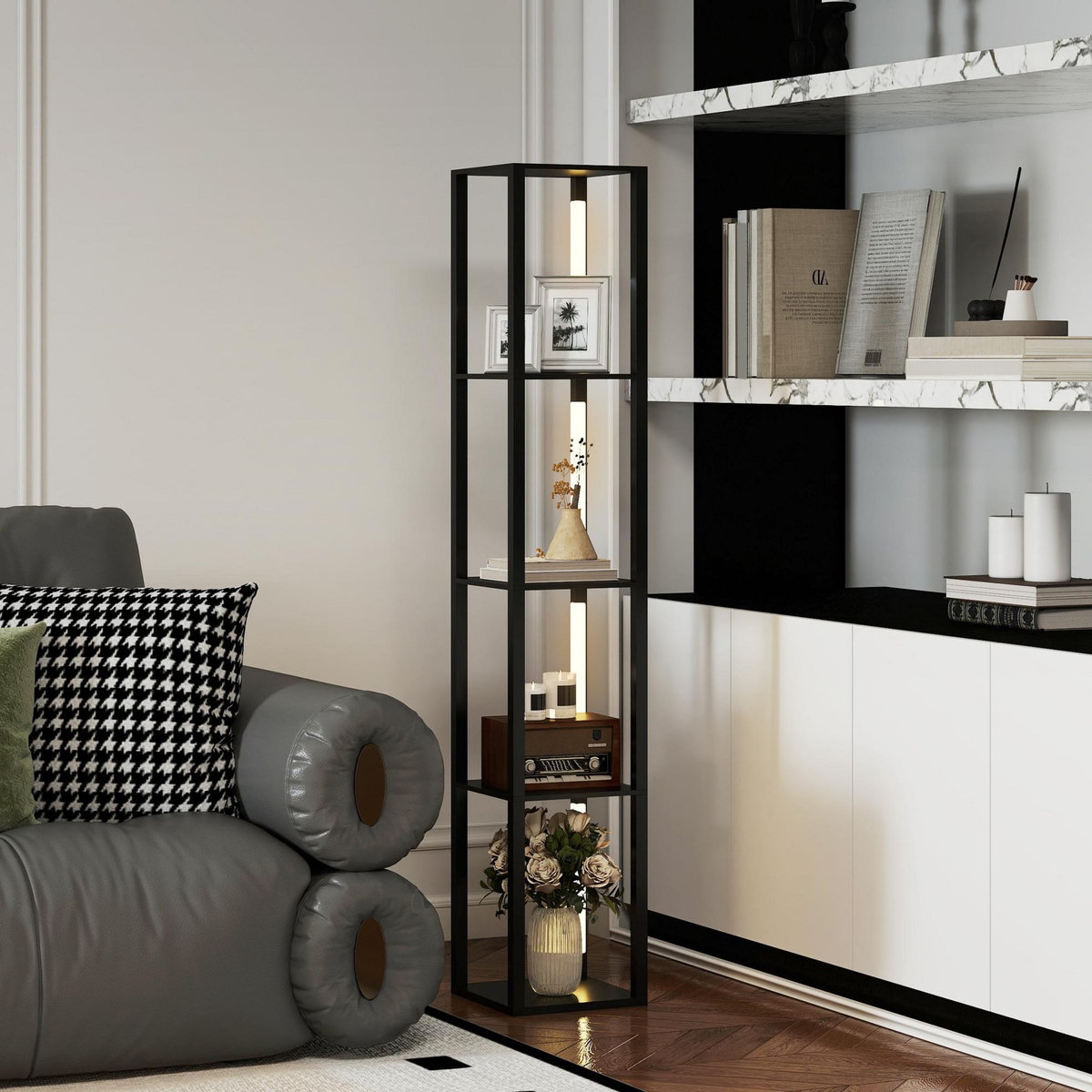 HOMCOM Lampadaire étagères design LED H.163 cm 4 niveaux luminosité réglable MDF noir