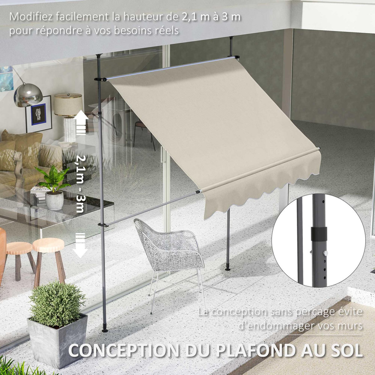 OUTSUNNY Store banne autoportant manuel inclinable rétractable 2 x 1,2(avancée) x 2,1-3H.m aucun perçage sable