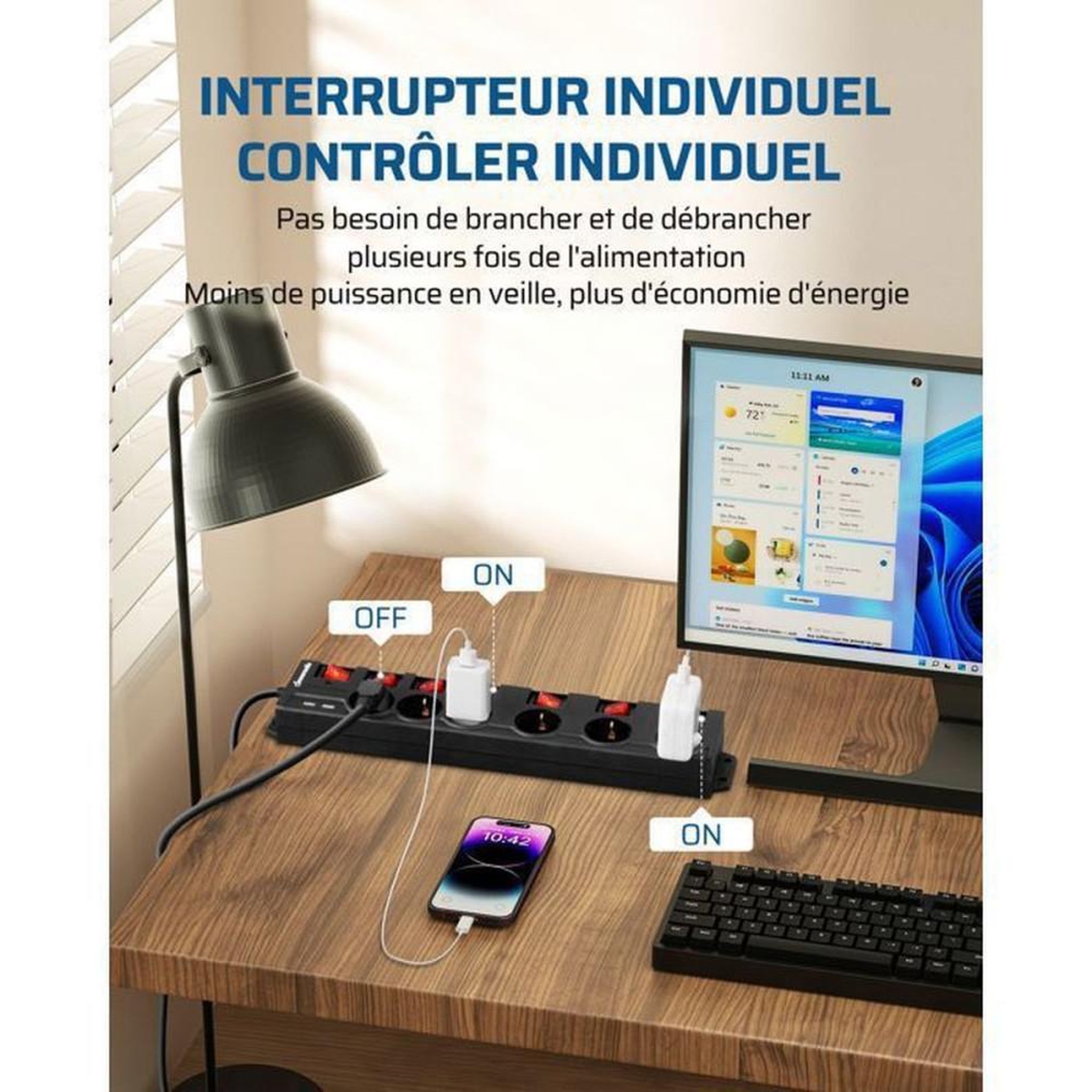 Voir la diapositive 2 : Multiprise parafoudre 6 prises Schuko avec 2 ports USB et interrupteurs individuels, câble 5 m, 3680 W, noir