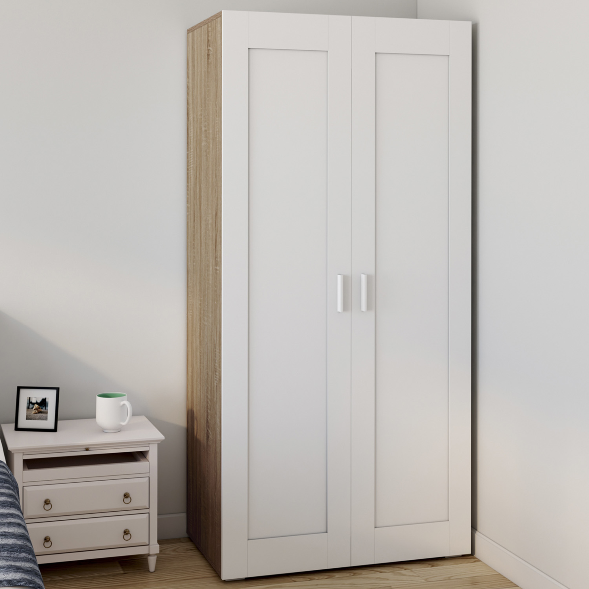 Voir la diapositive 2 : ID MARKET Armoire 2 portes vito blanc et bois penderie 80 cm avec étagères rangement maxi capacité
