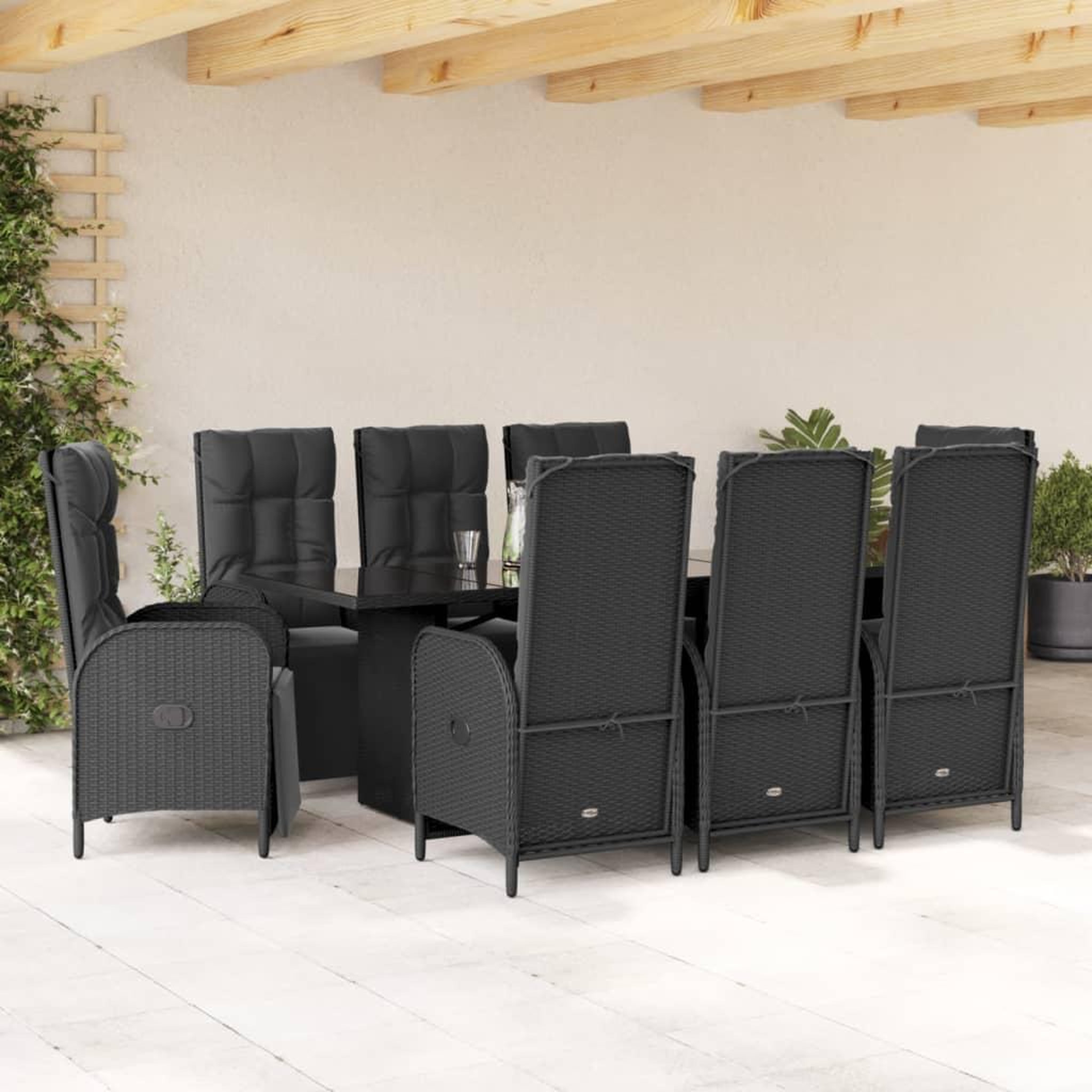 VIDAXL Ensemble a manger de jardin 9pcs coussins noir resine tressee