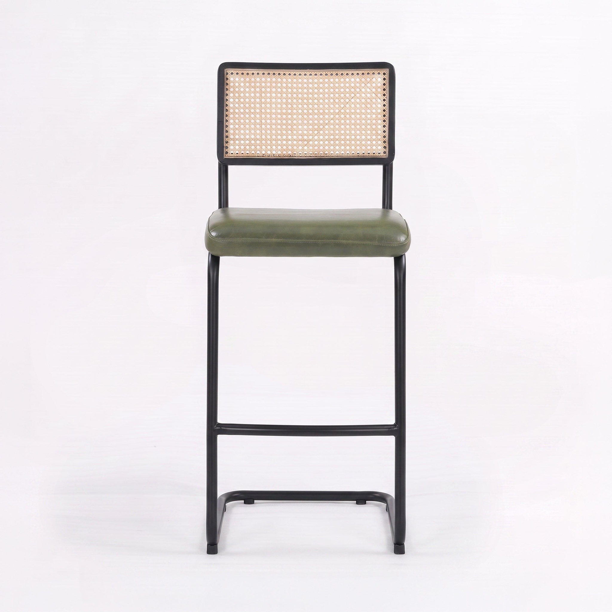 Voir la diapositive 2 : MAISON PAVANE Lot de 2 chaises de bar 76 cm en cannage et cuir vert-léandre