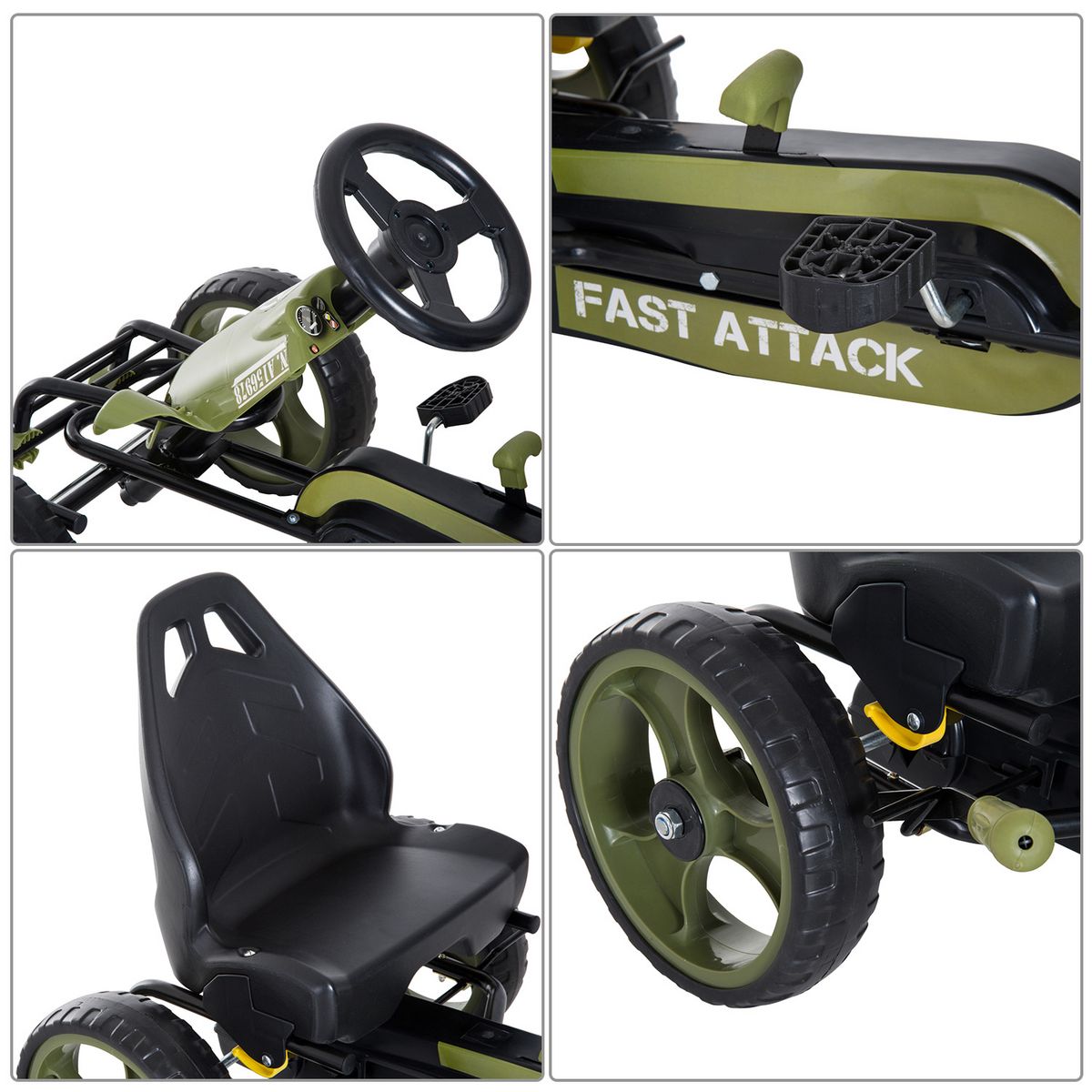 HOMCOM Vélo et véhicule pour enfants kart à pédales militaire siège réglable frein manuel roues AR EVA acier vert noir