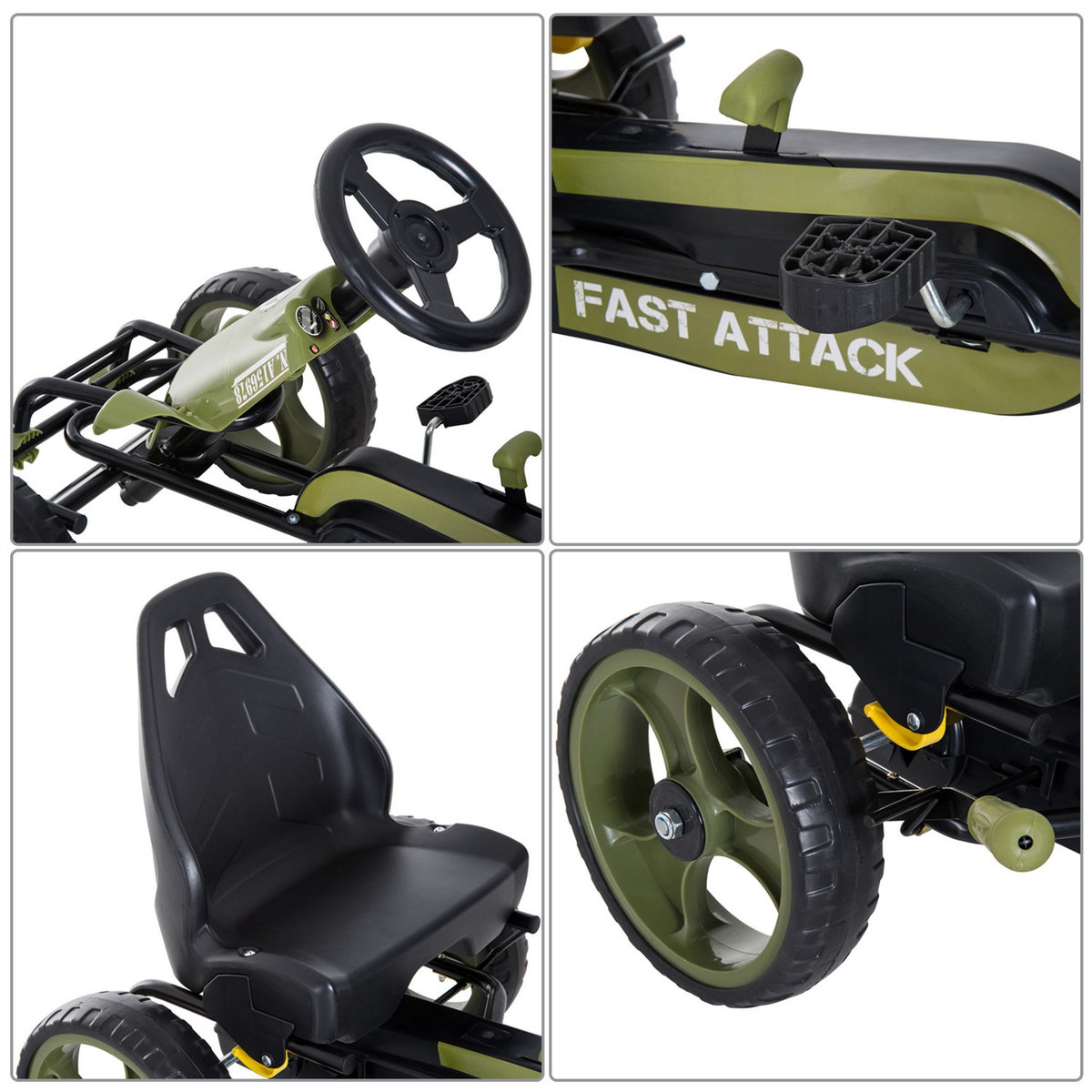 HOMCOM Vélo et véhicule pour enfants kart à pédales militaire siège réglable frein manuel roues AR EVA acier vert noir