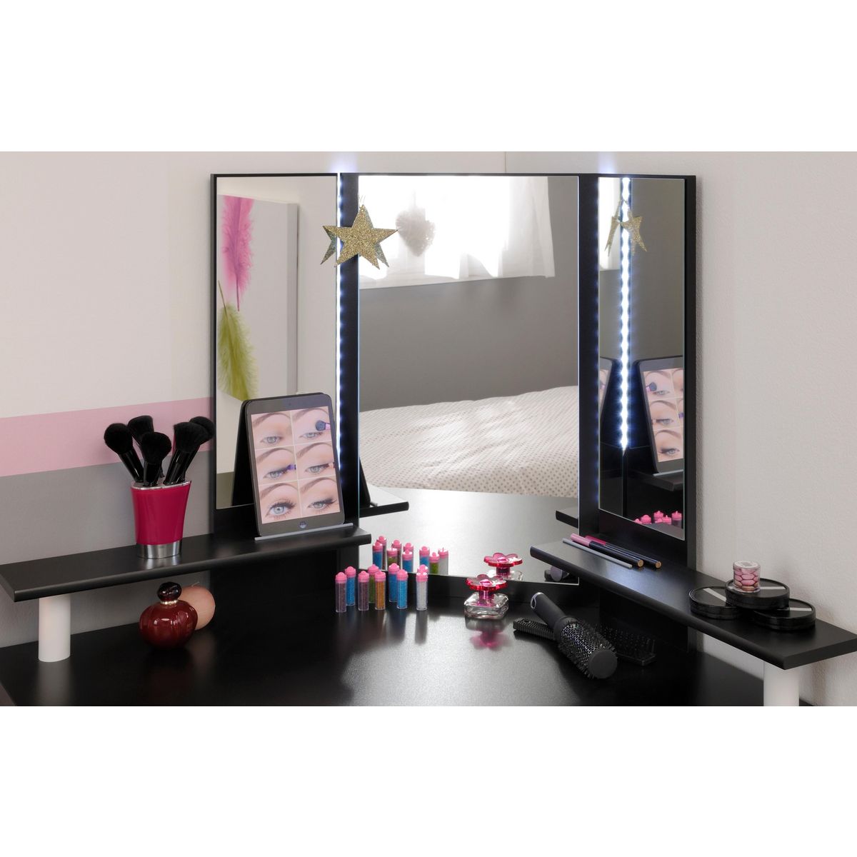 Coiffeuse d'angle 3 miroirs 5 tiroirs pivotants GIRLY