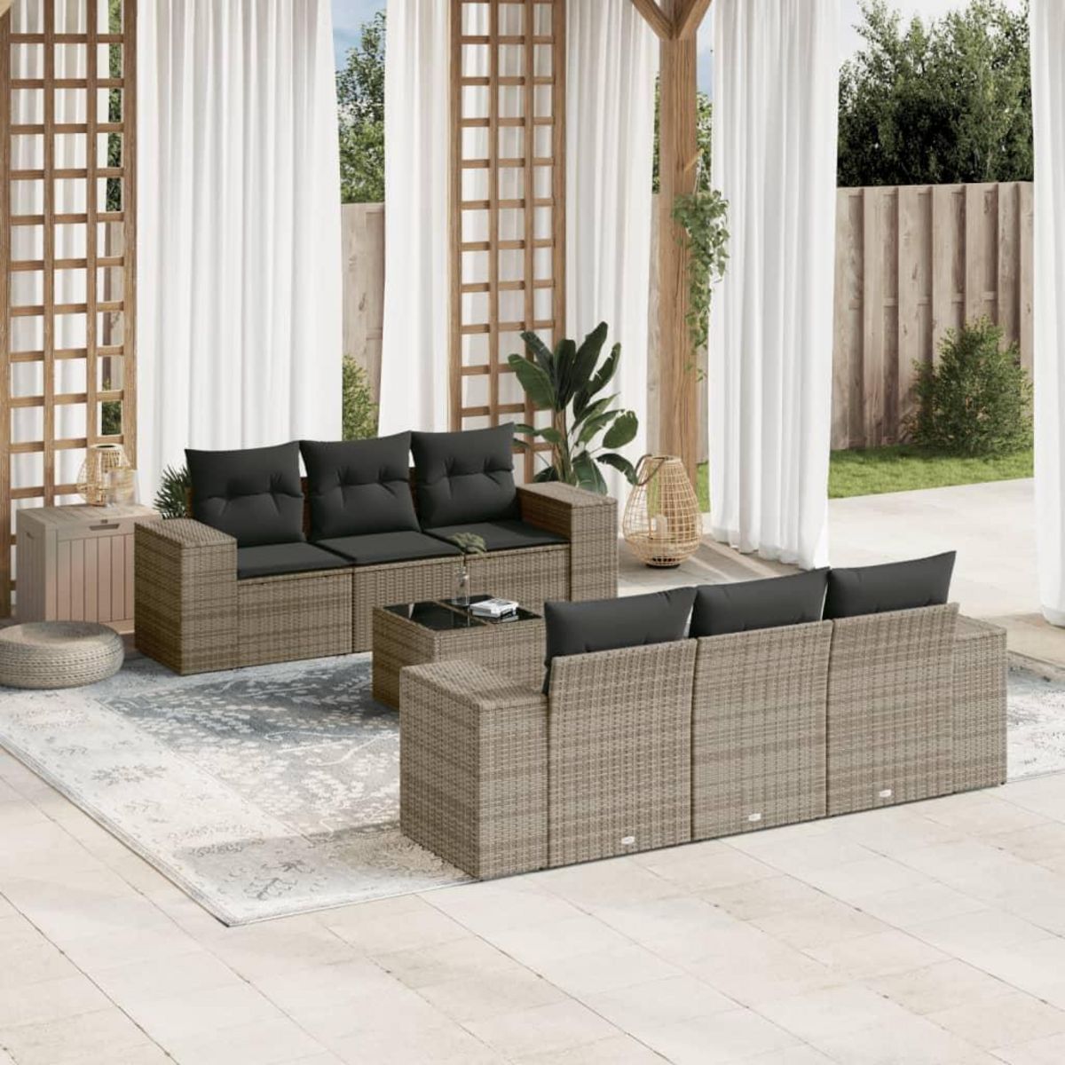 VIDAXL Salon de jardin avec coussins 7 pcs gris resine tressee