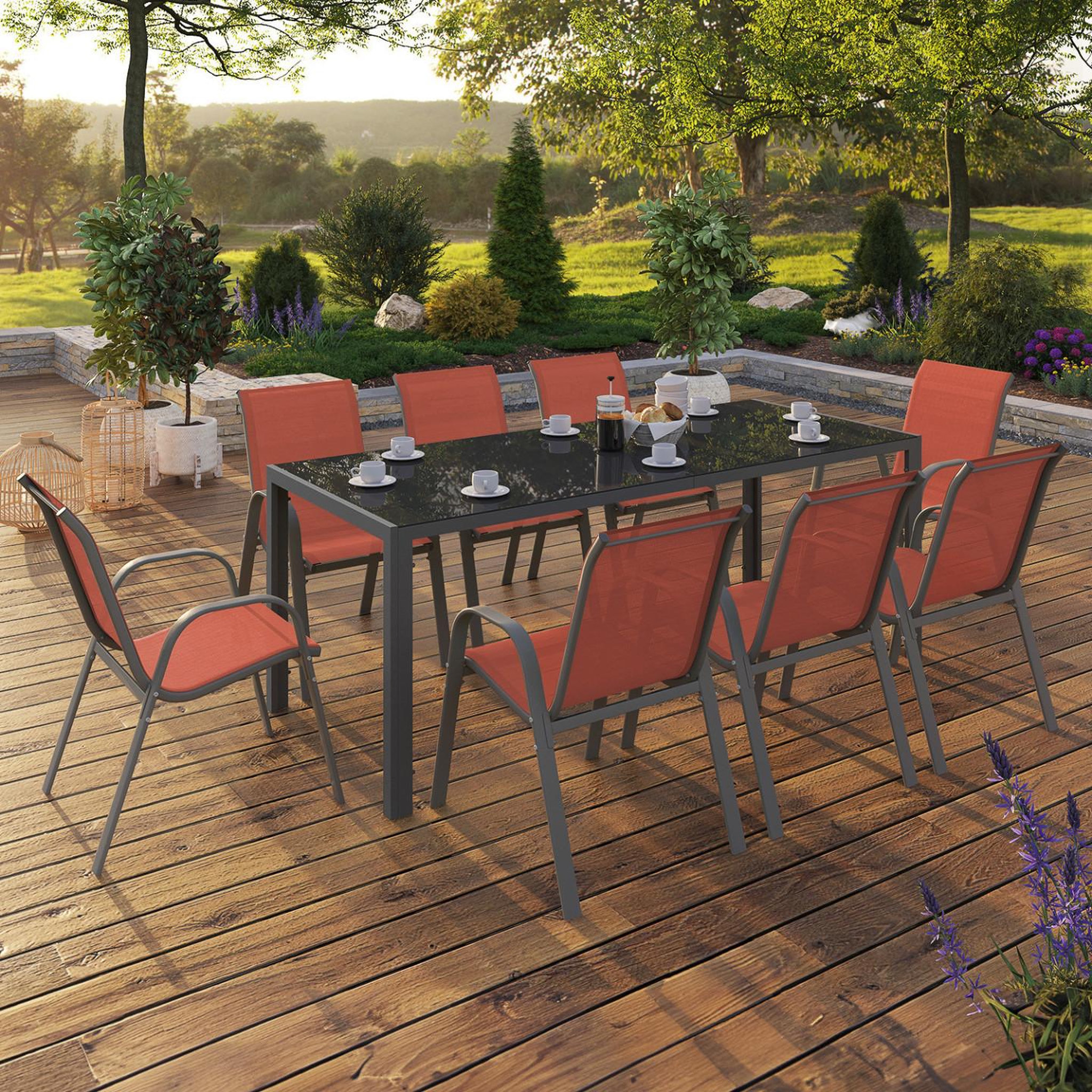 Voir la diapositive 2 : ID MARKET Salon de jardin madrid table 190 cm et 8 chaises empilables terracotta et gris
