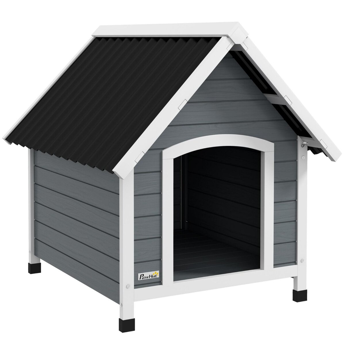 PAWHUT Niche pour chien design chalet sur pied - toit double pente, plancher amovible - plastique noir bois blanc gris