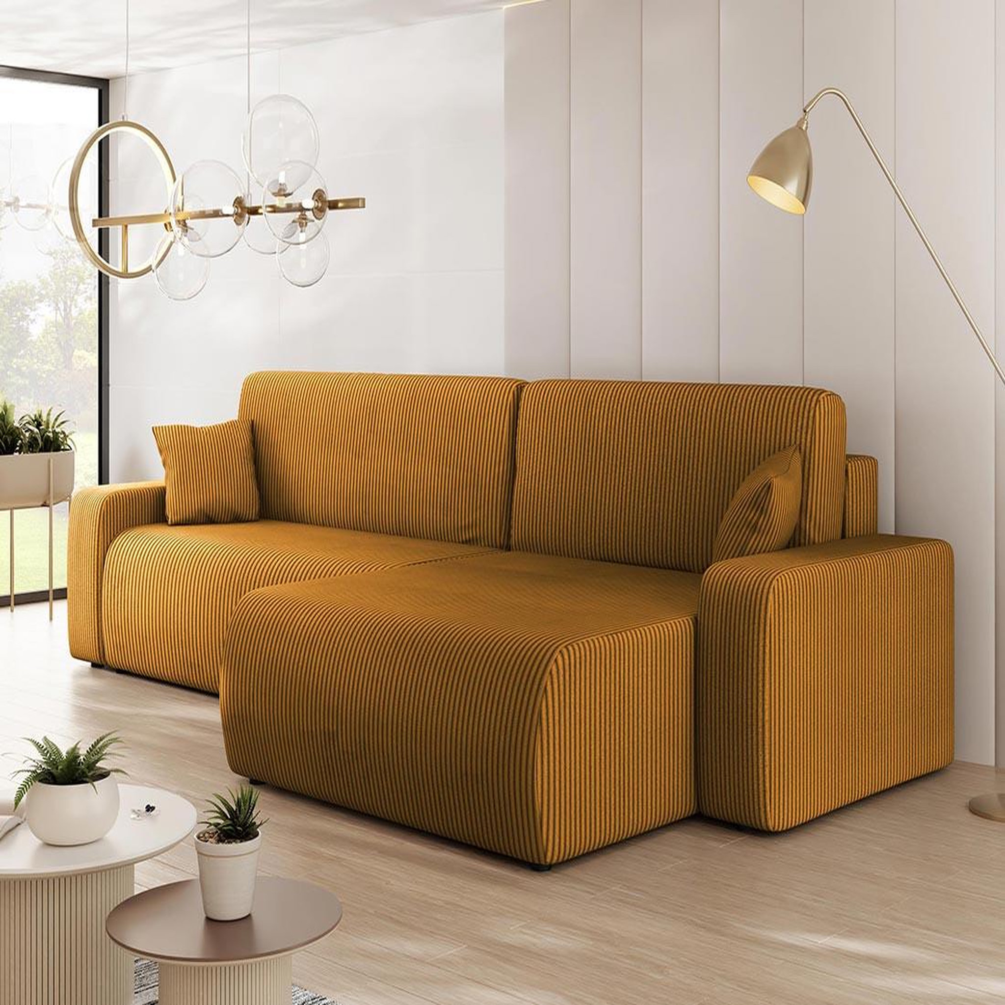 Voir la diapositive 2 : BEST MOBILIER Artemisa - canapé d'angle réversible 5 places convertible avec coffre en velours côtelé