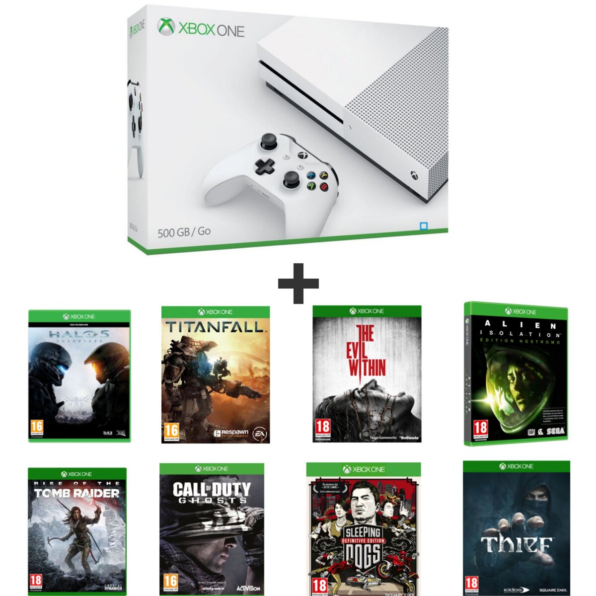 Console Xbox One S 500 Go + TITANFALL + THE EVIL WITHIN + ALIEN ISOLATION - LIMITED EDITION + CALL OF DUTY GHOSTS + SLEEPING DOGS + THIEF + HALO 5 GUARDIANS + RISE OF THE TOMB RAIDER