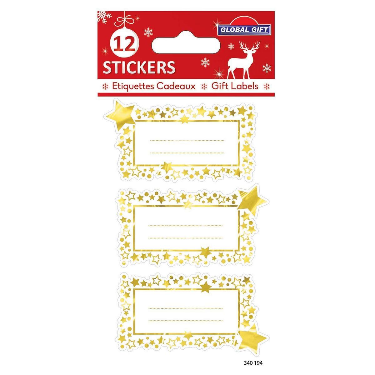 GLOBAL GIFT 12 étiquettes adhésives de Noël - Étoiles dorées iridescentes