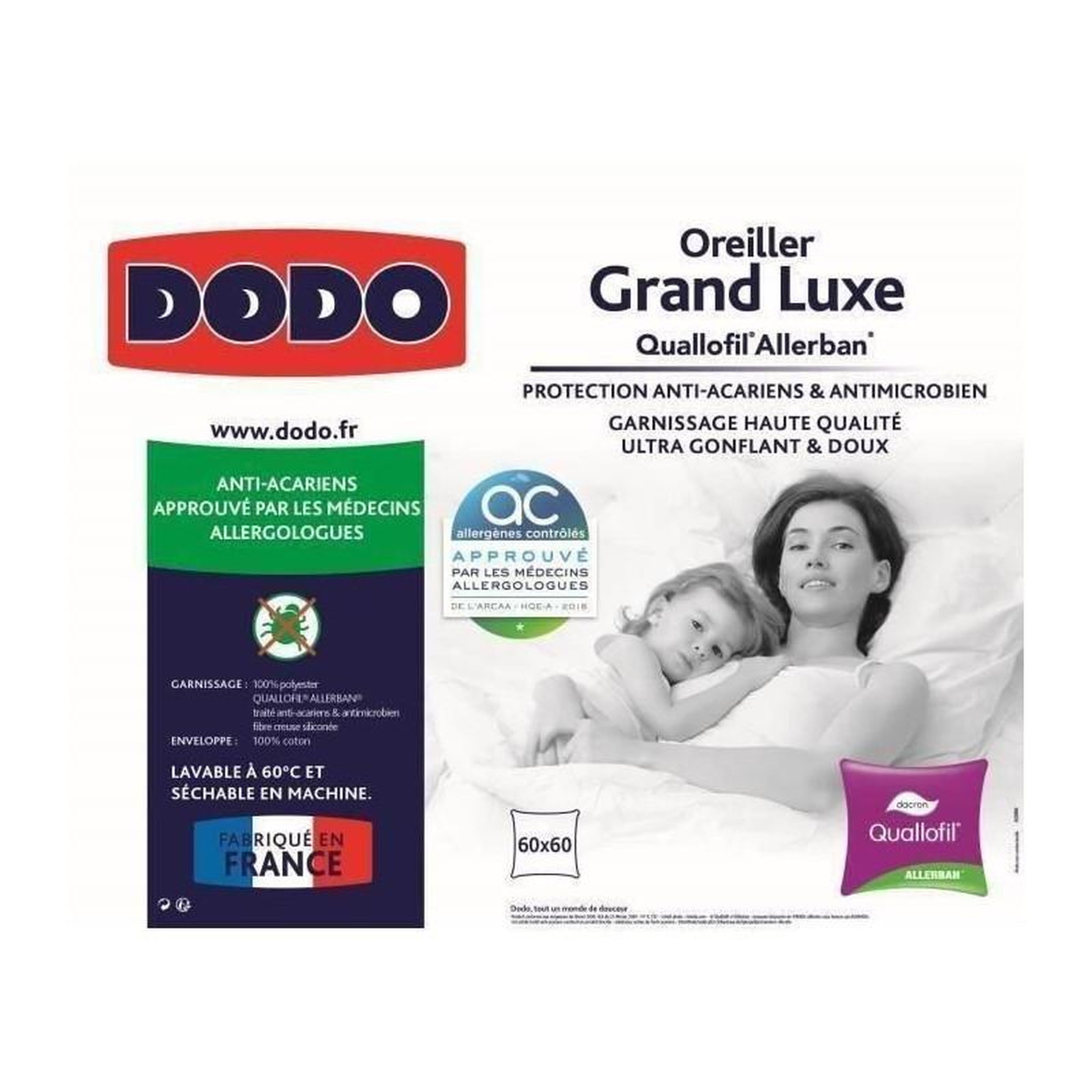 Voir la diapositive 4 : DODO DODO Oreiller Grand luxe Quallofil Allerban 60x60 cm blanc