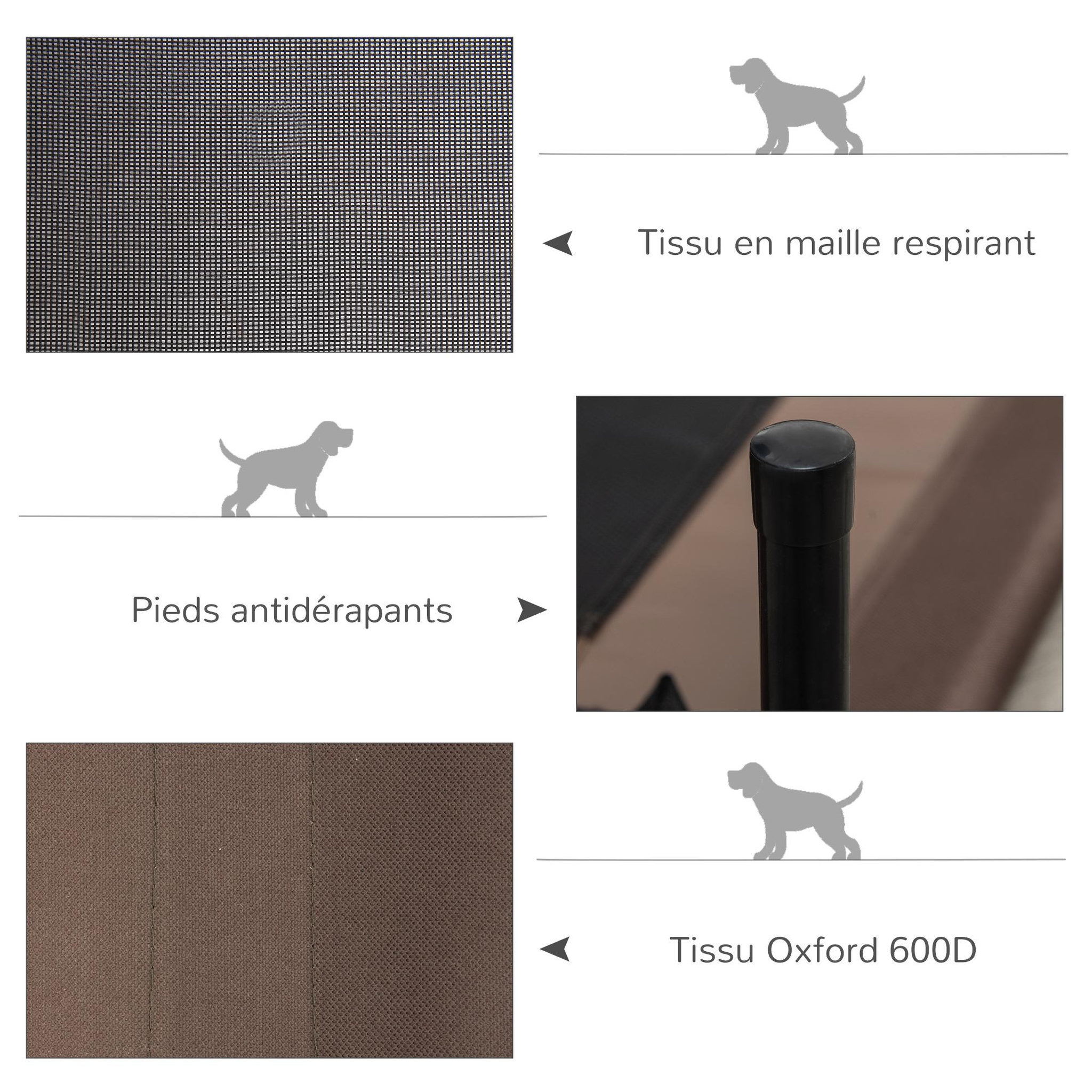 Voir la diapositive 4 : PAWHUT Lit pour chien chat sur pieds tissu oxford textilène micro-perforé 76l x 61l x 18h cm marron noir