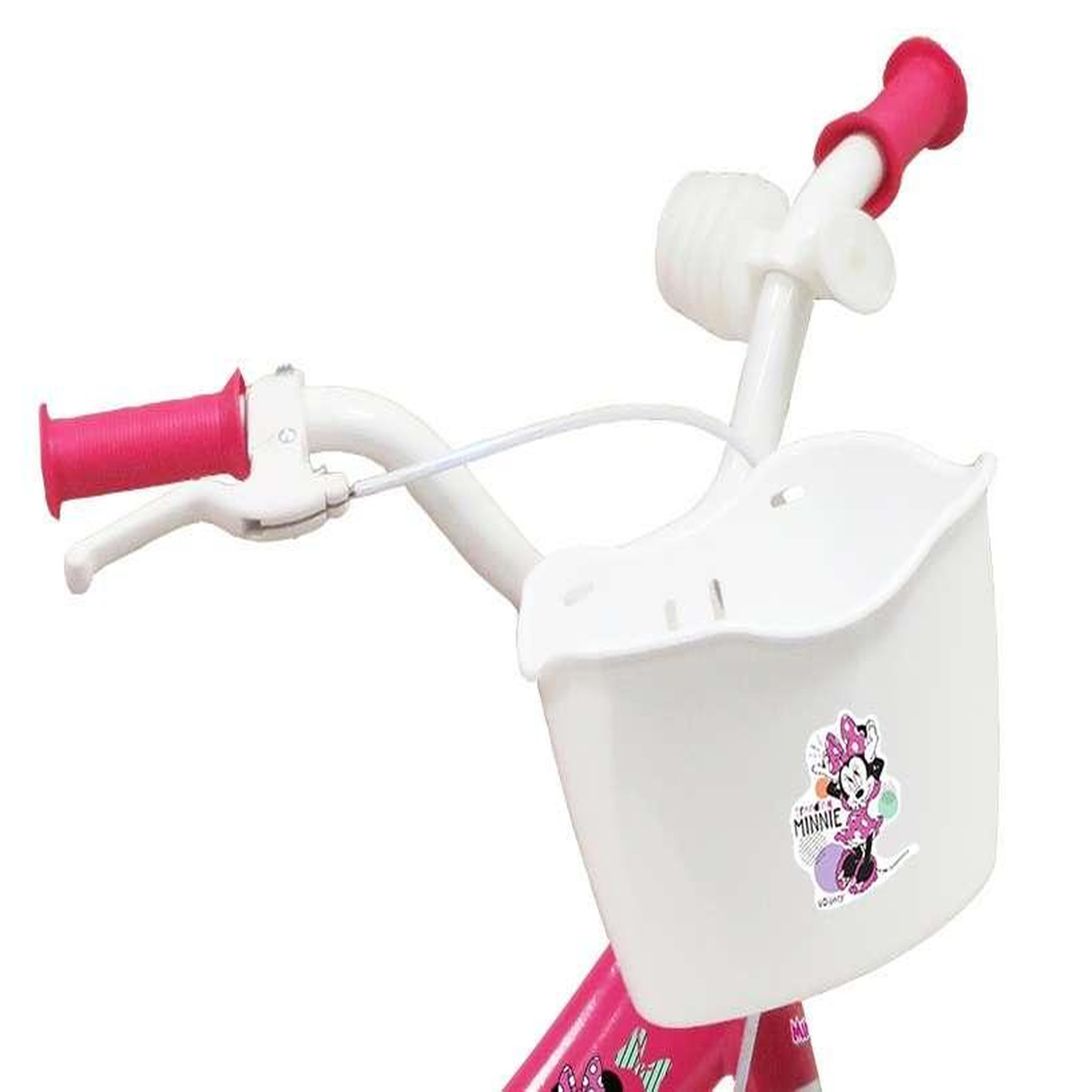Voir la diapositive 4 : Disney Minnie Vélo enfant - Modèle 12'' Minnie de Disney + Casque pour enfant de 85/100 cm avec stabilisateurs - 1 frein - Panier avant - Porte poupée arrière et roues batons